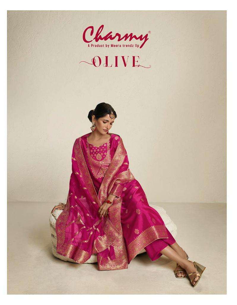 meera trendz charmy present olive amazing fancy party wear unstitch 3pcs suits