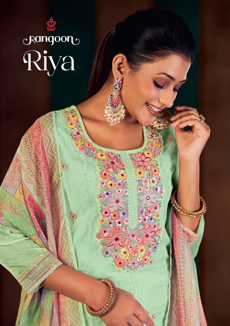 rangoon present riya fantastic embroidery work kurti with pant and digital dupatta catalog