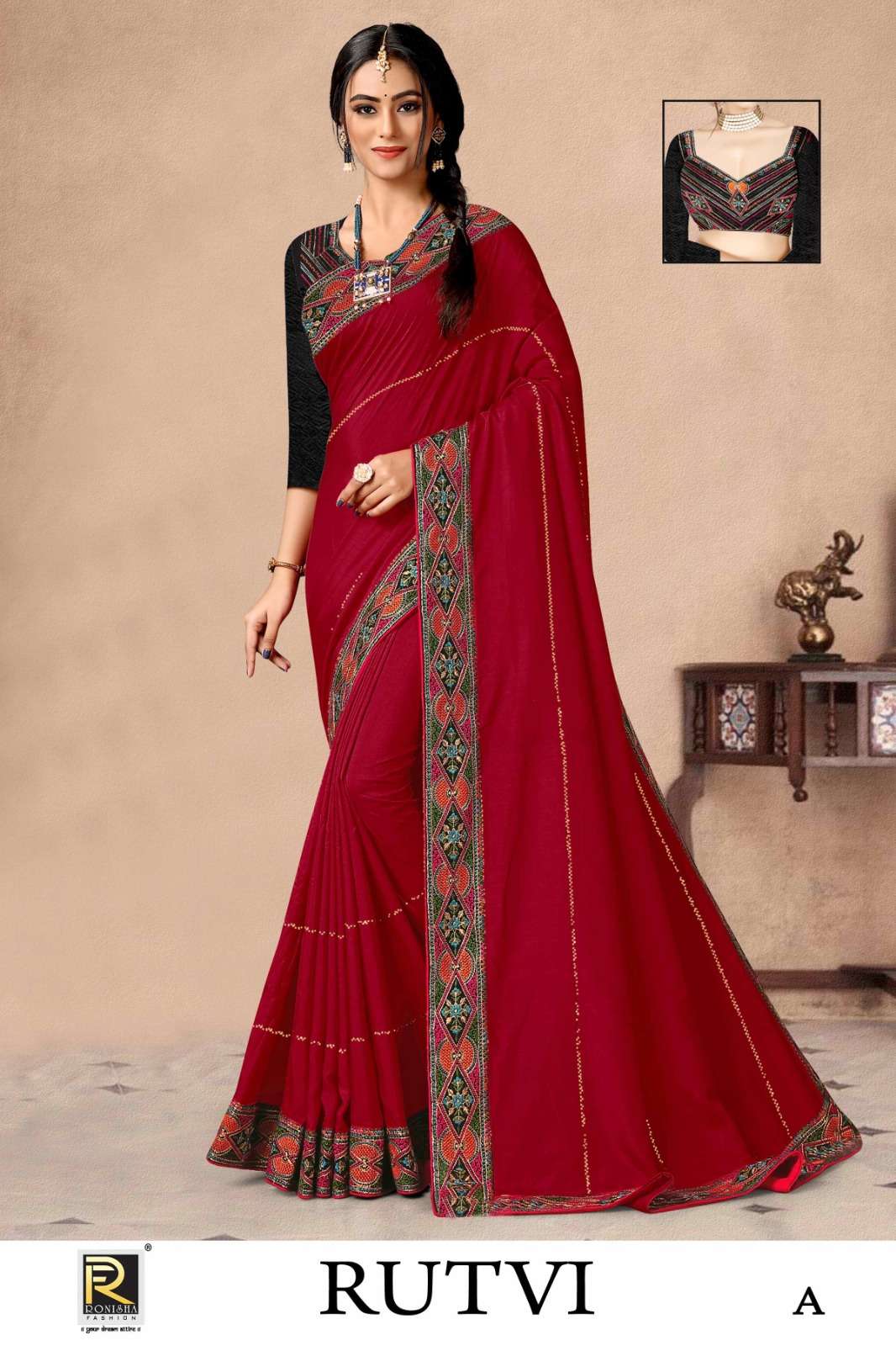 RUTVI  BY RANJNA SAREE  FANCY FABRICS EMBROIDERY WORK LACE AND SIROSKI DIAMOND WORK SUPER HIT COLLECTION 