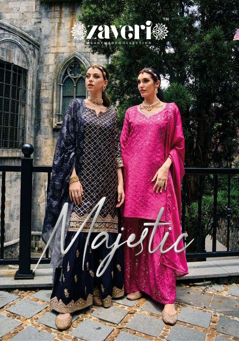 zaveri present majestic wedding wear readymade designer sharara salwar kameez catalog