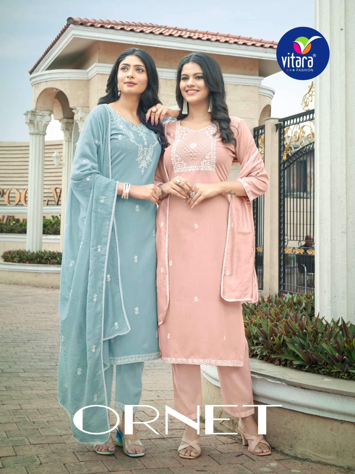 vitara fashion present ornet fancy work kurti with pant and dupatta catalog