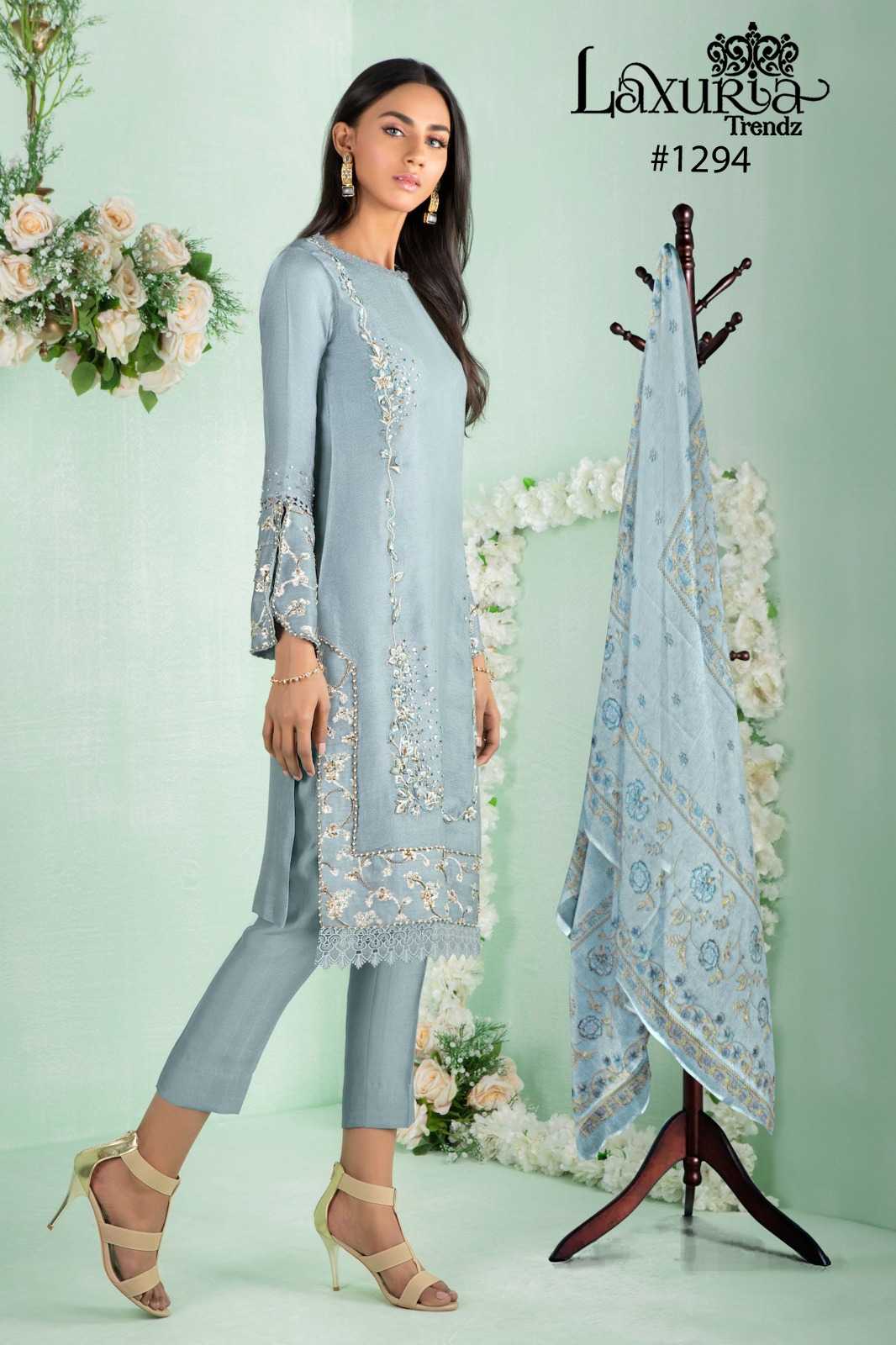 laxuria 1294 fancy embroidery handwork pakistani kurti with pant and chiffon digital dupatta