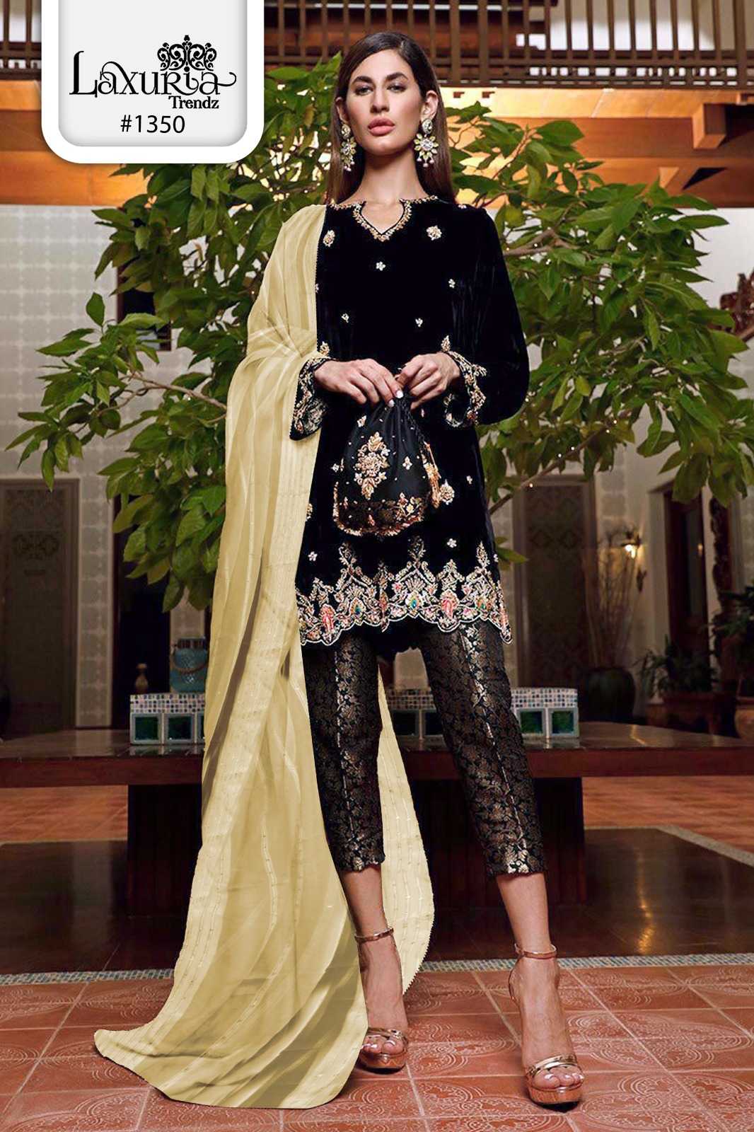 laxuria 1350 designer embroidery winter velvet pakistani kurti with pant and organza dupatta