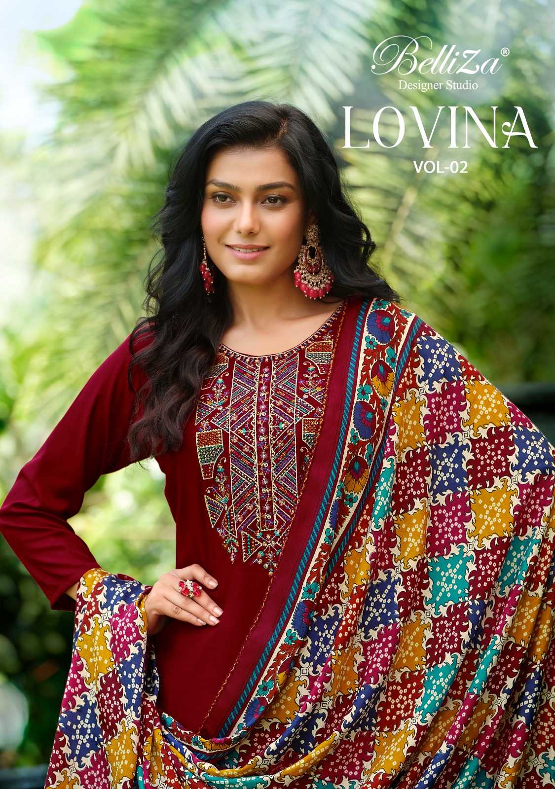 belliza designer lovina vol 2 beautiful unstitch salwar kameez with bandhej print dupatta