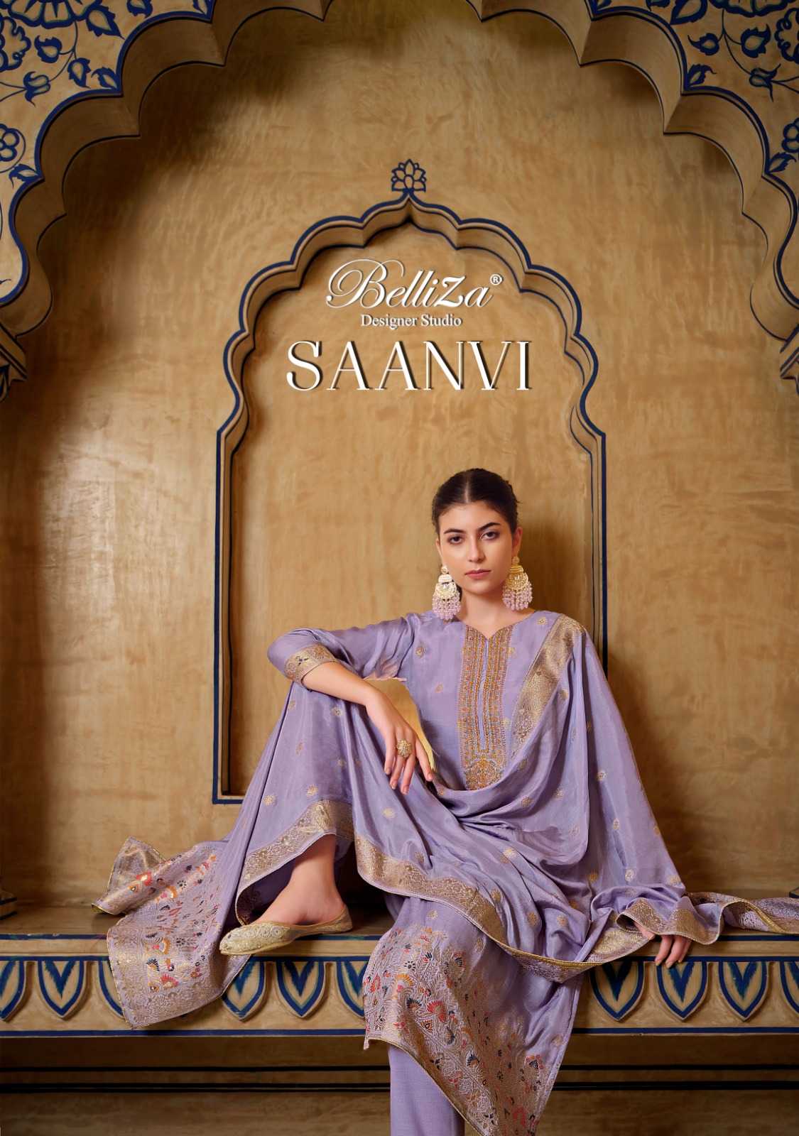 belliza designer saanvi exclusive embroidery muslin weaving jeacquard dress material