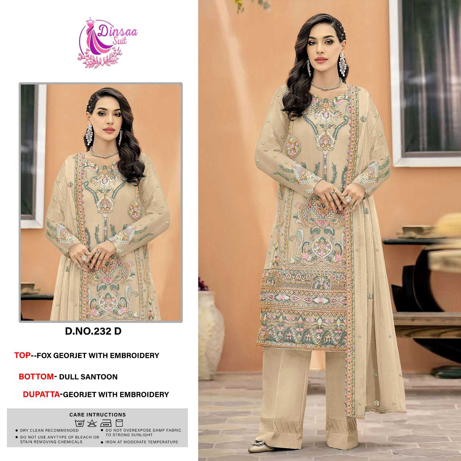 dinsaa 232 d pakistani georgette embroidery unstitch single design ladies suit