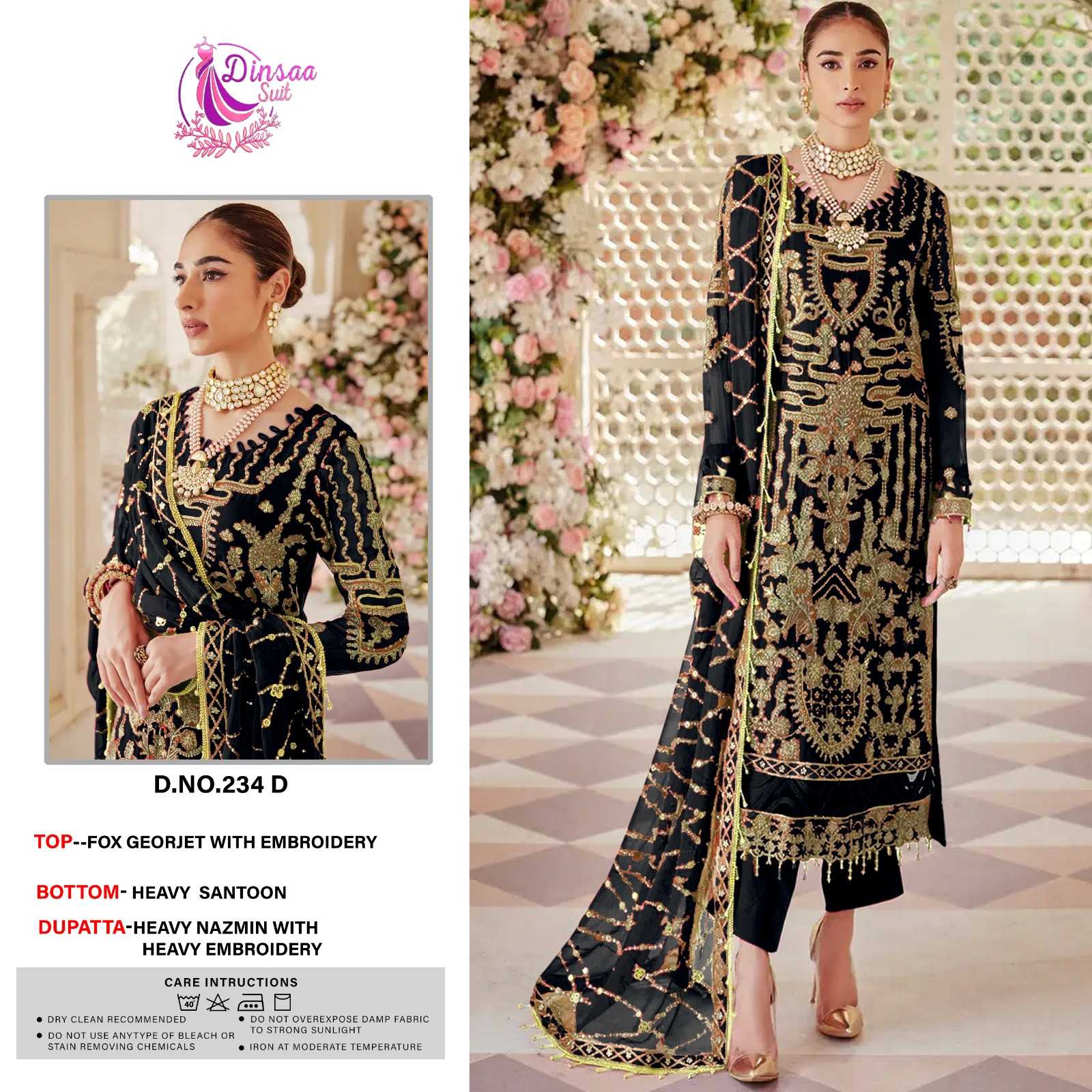 dinsaa 234 designer georgette embroidery work pakistani unstitch suit