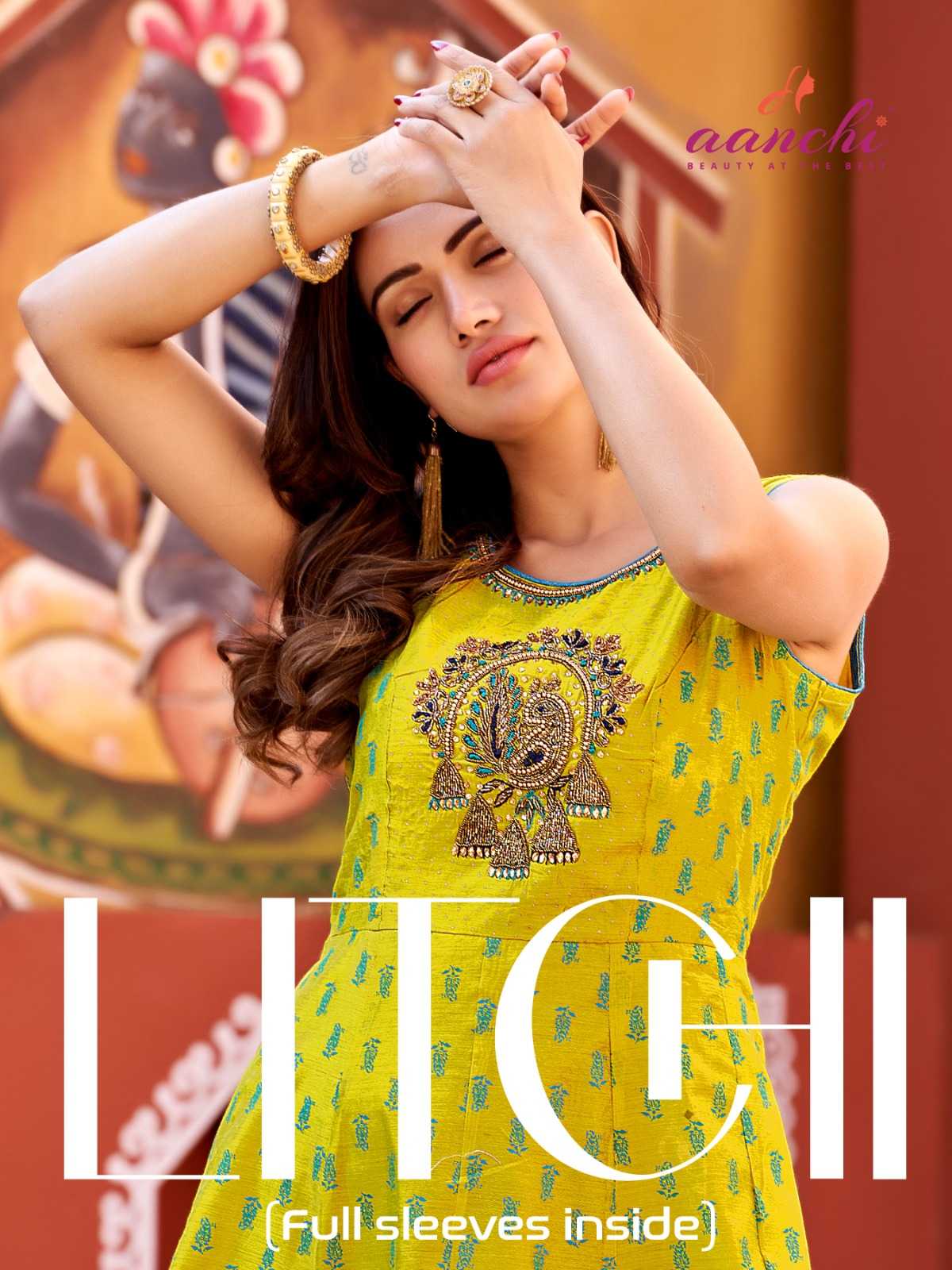 aanchi kurtis litchi fancy modal silk adorable design with handwork full stitch long kurti