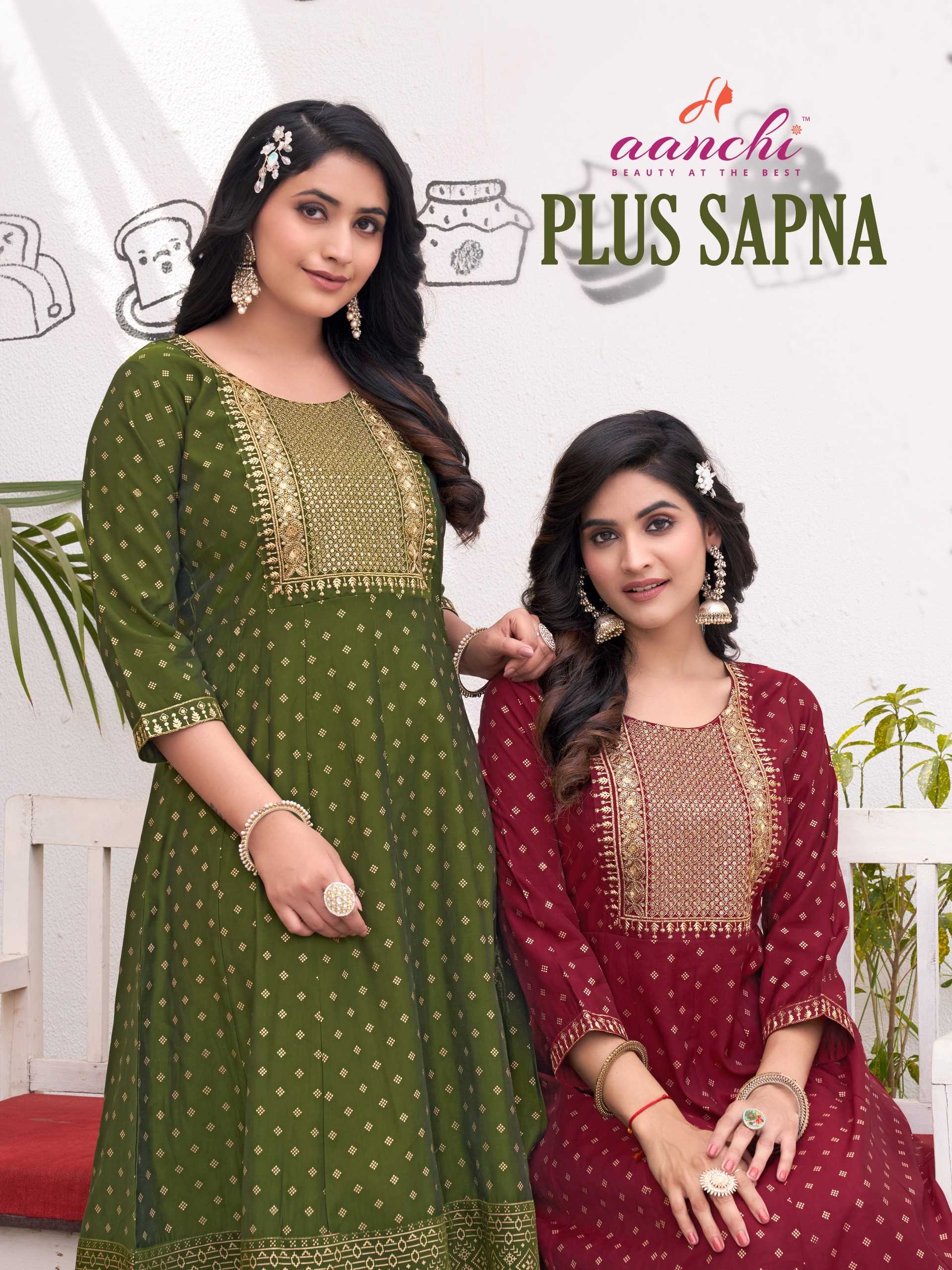 aanchi plus sapna fancy roman silk full stitch big size frock long kurti combo set 