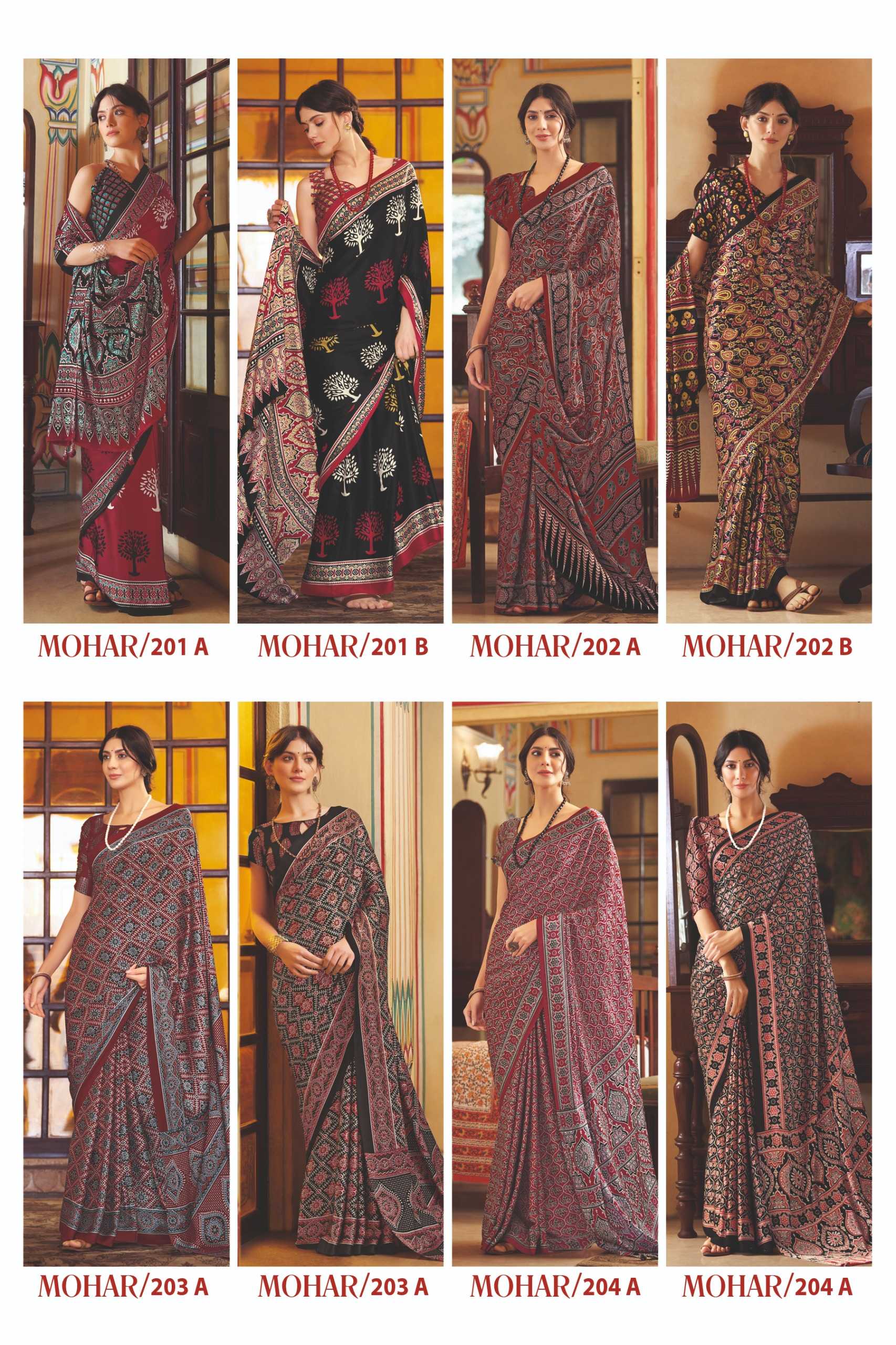 apple presents mohar 201-204 amazing look satin saree wholesaler