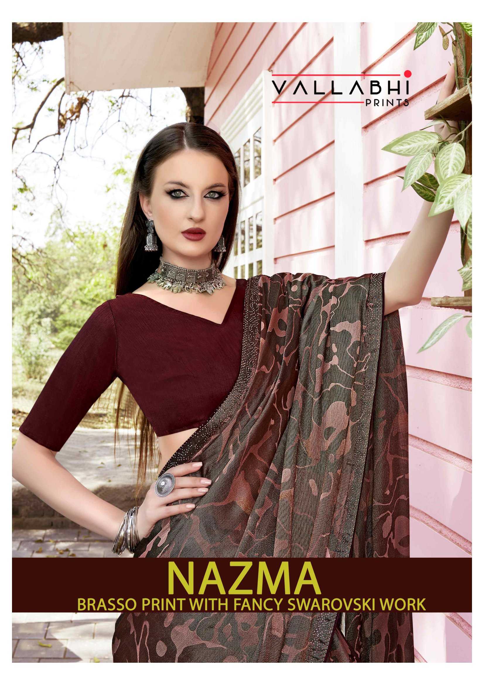 nazma by vallabhi prints stylish brasoo adorable swarosaki work saree supplier