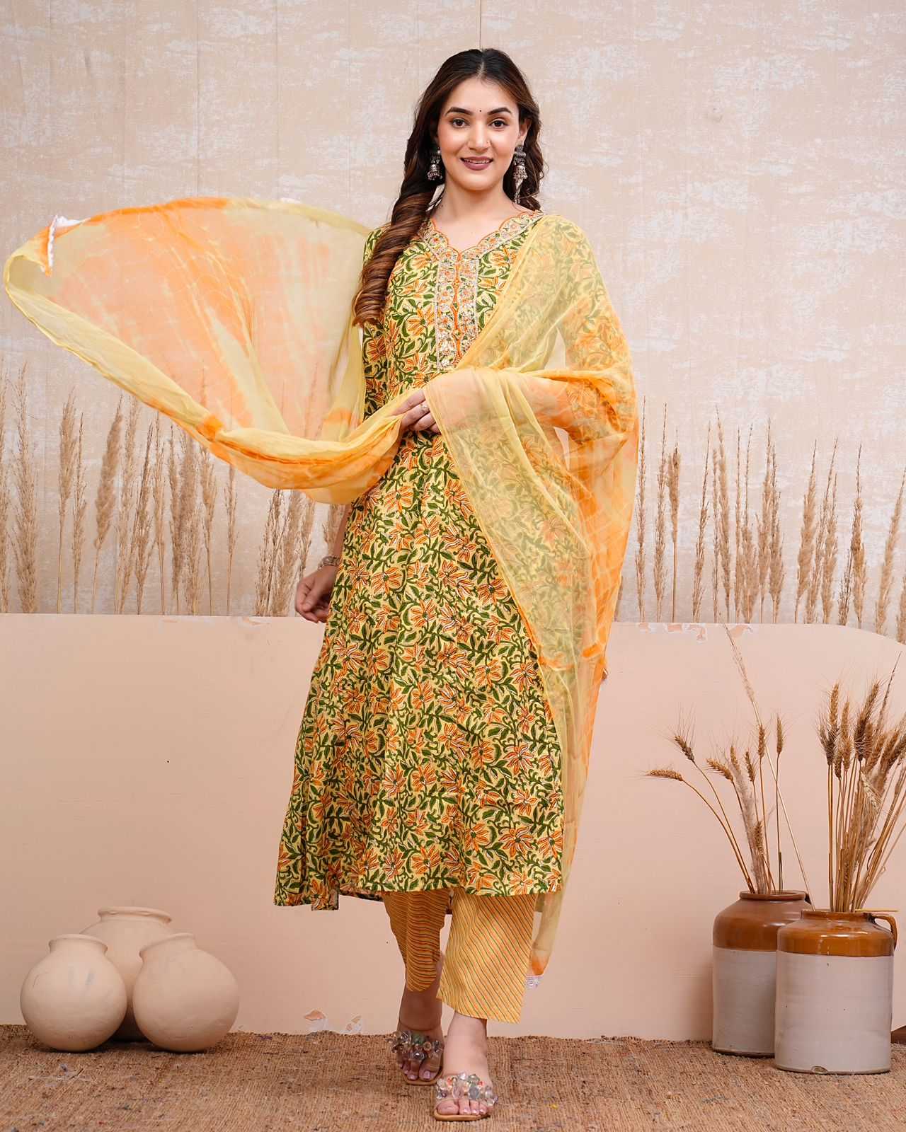 rayon print anarkali 3 pc set chiffon sibori dupatta wholesaler 