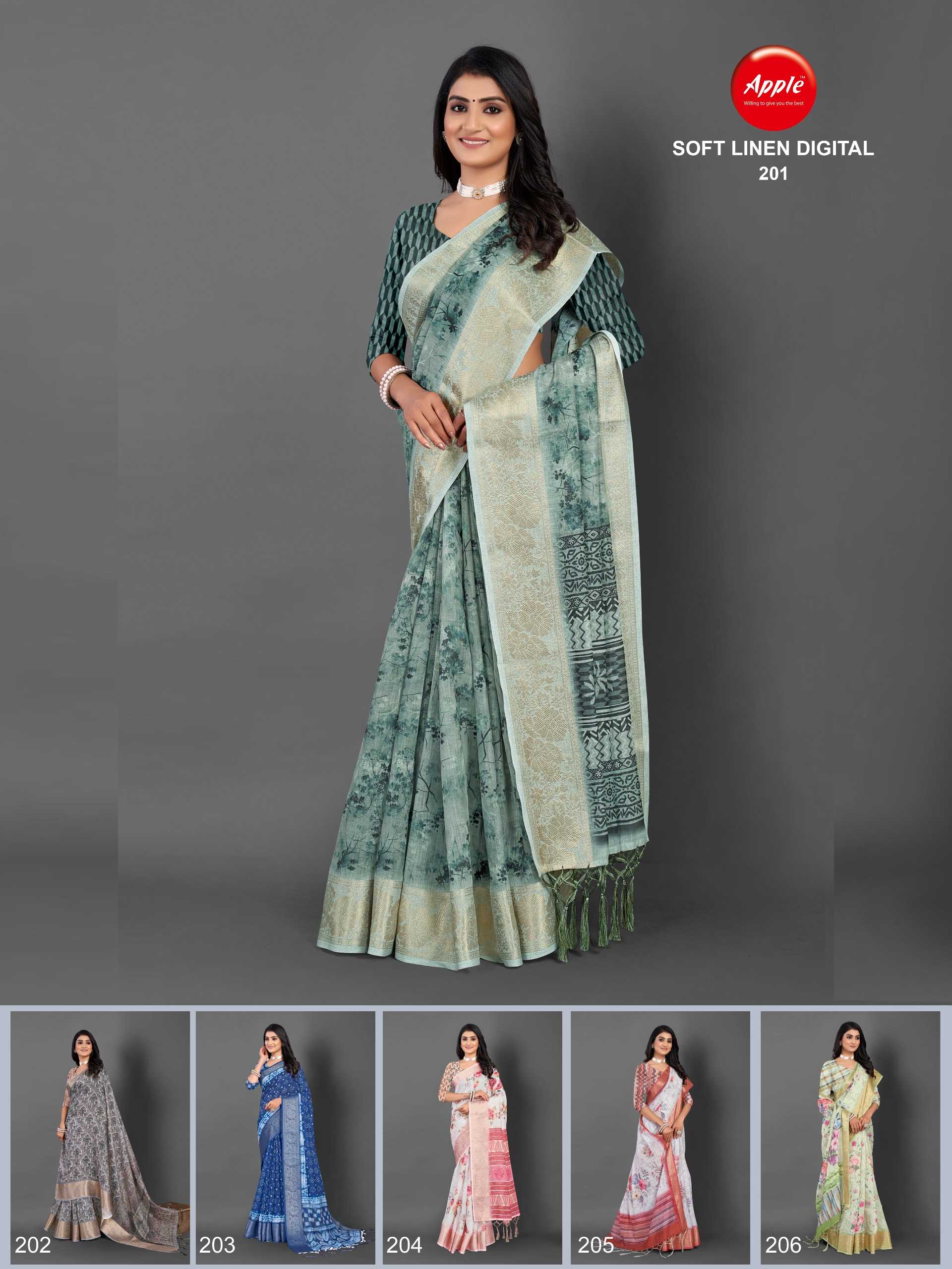 soft linen digital vol 2 by apple 201-206 attractive sarees exports