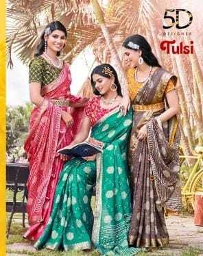 5d designer tulsi launch muslin jari border bright print with belt etnhic design saree supplier 