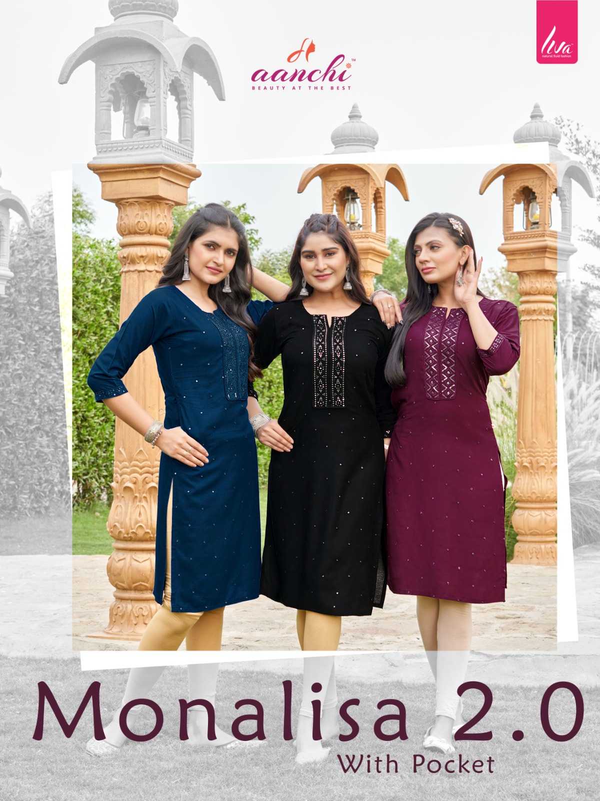 aanchi monalisa vol 2 readymade straight cut regular wear sequence work long kurti