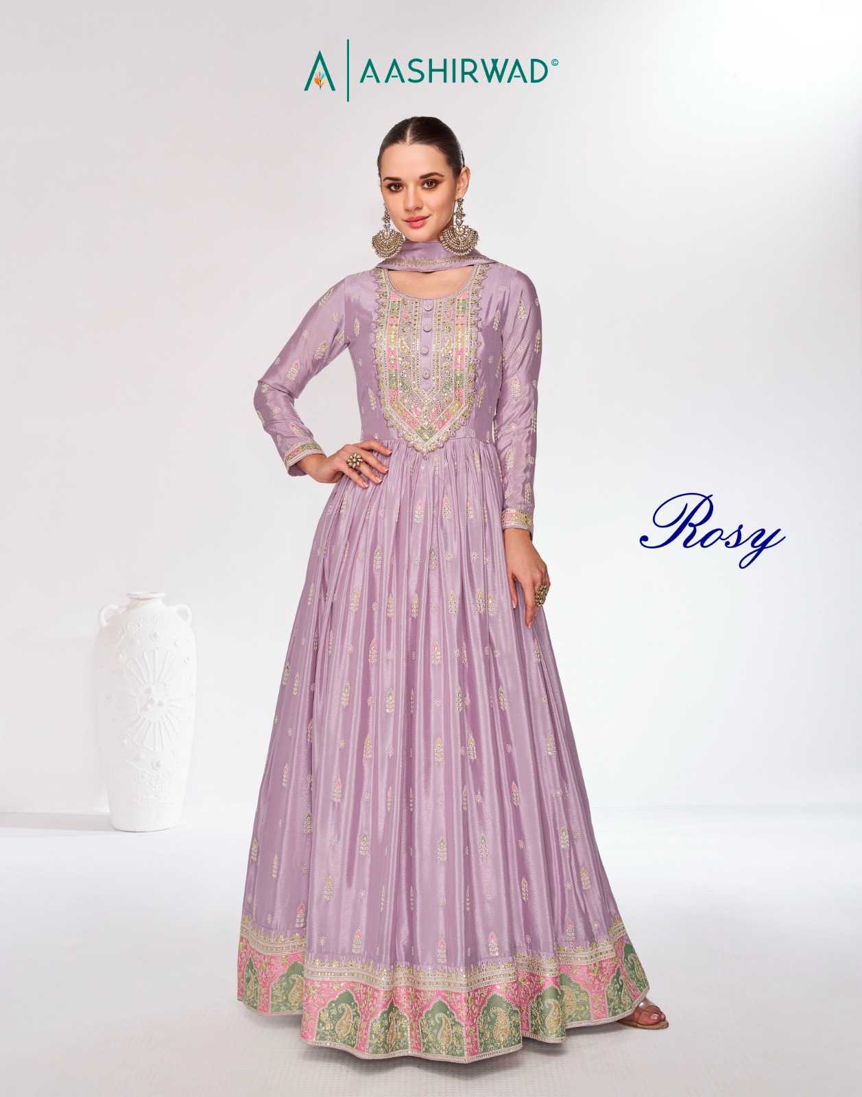 aashirwad creation rosy fancy chinnon wedding style fancy full stitch top plazzo with dupatta