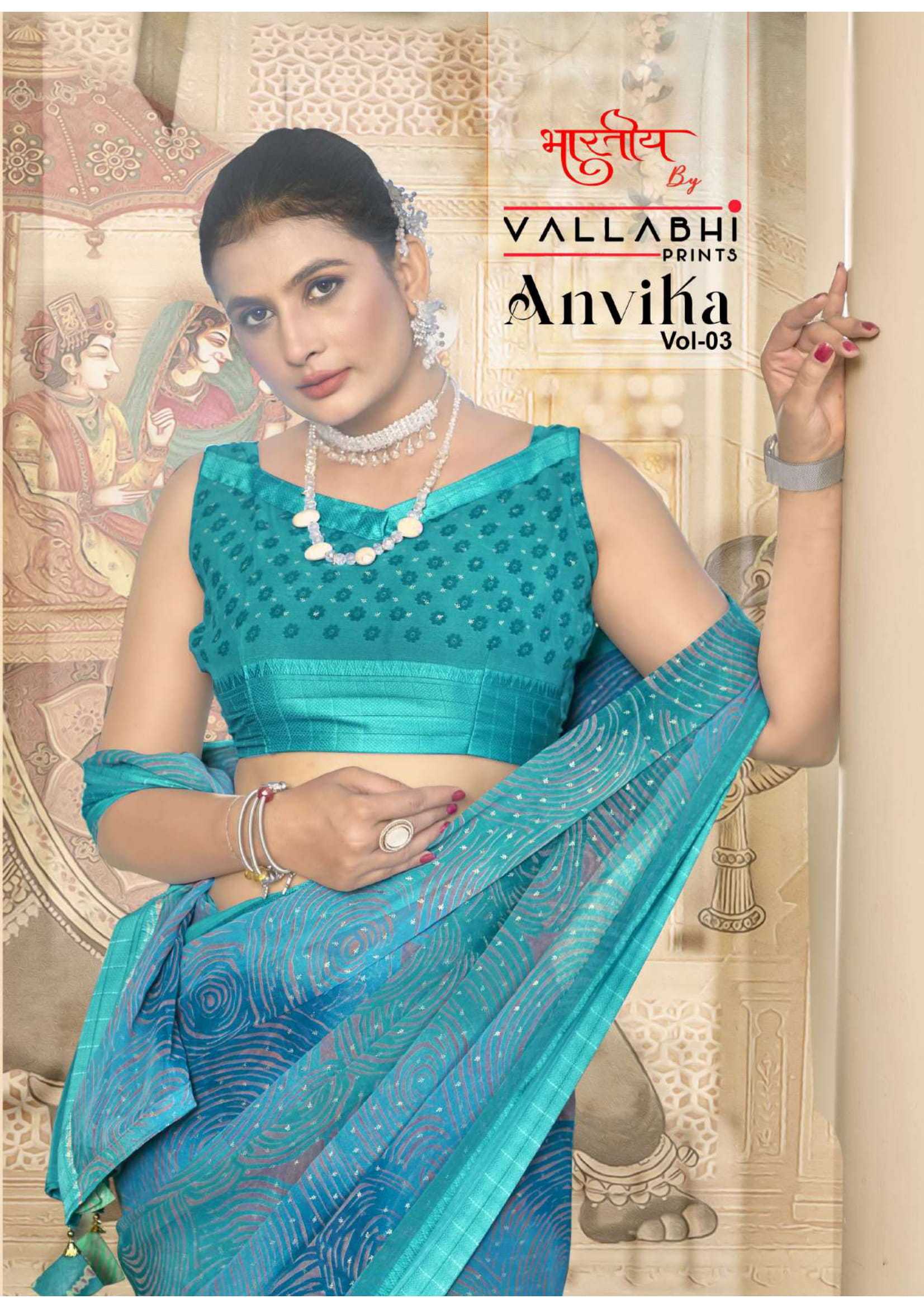 anvika vol 3 by vallabhi prints comfy wear fancy georgette saree wholesaler 