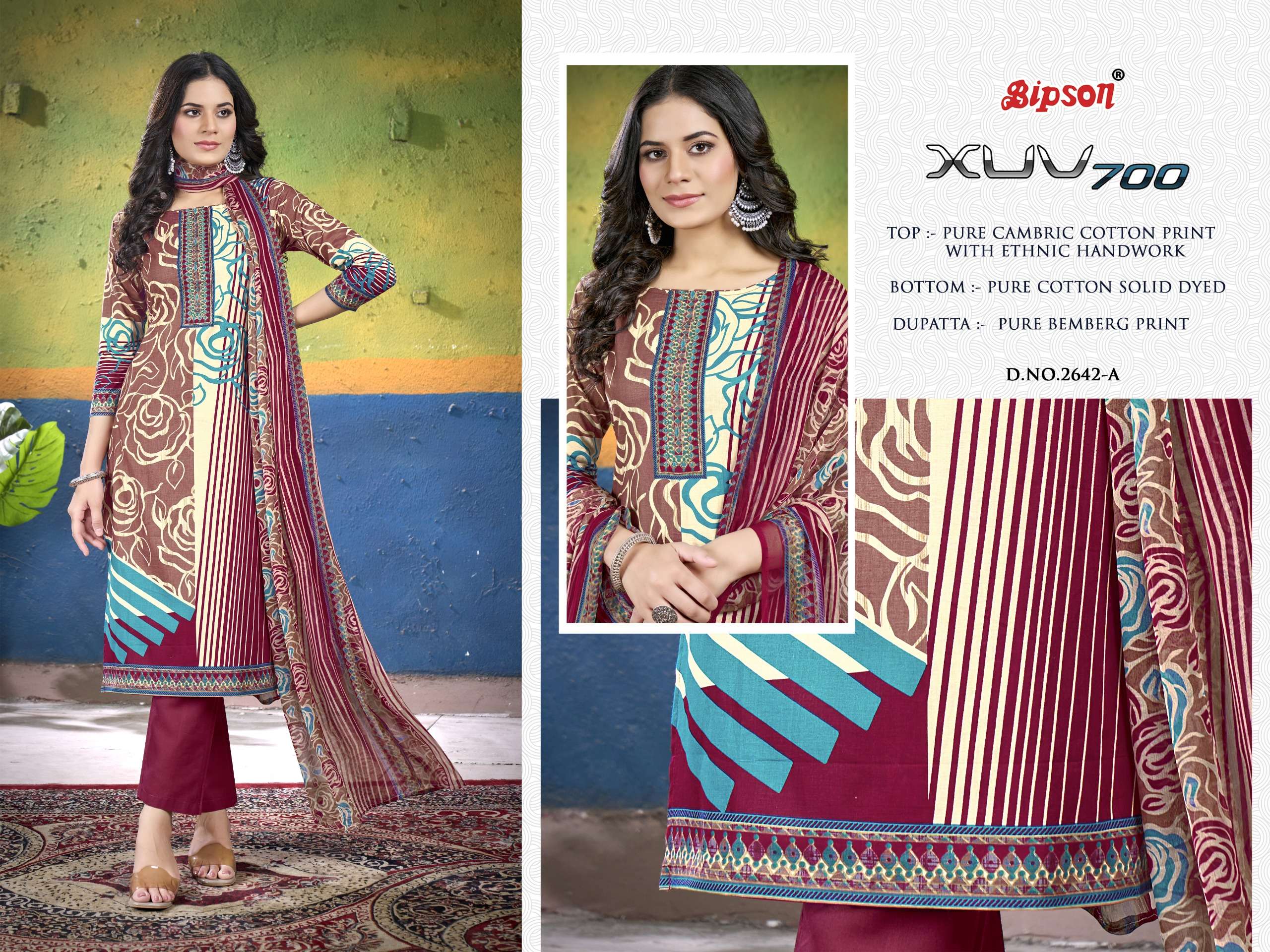 bipson print xuv 700 2642 pure cambric cotton party wear beautiful top bottom with dupatta