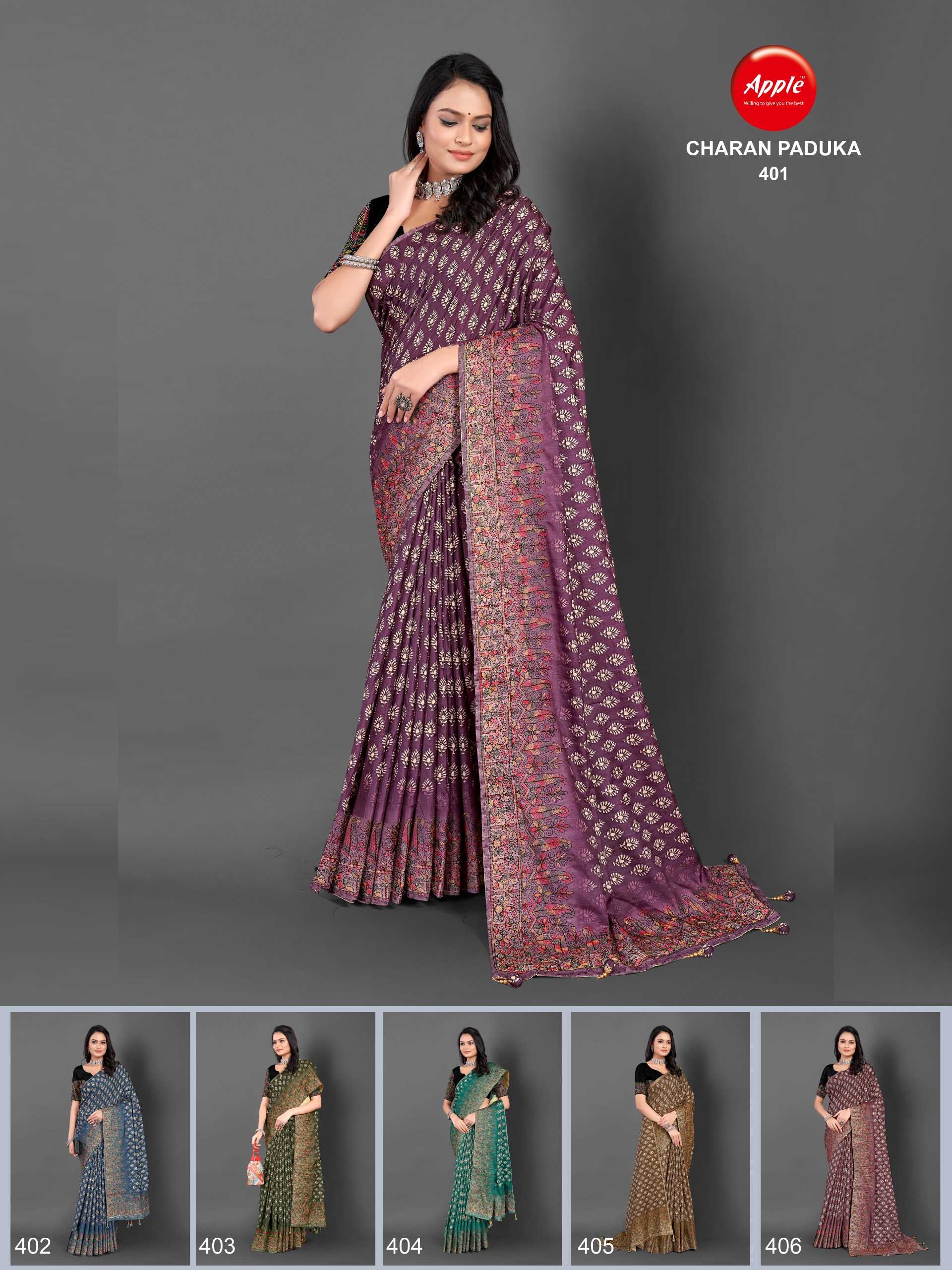 charan paduka 401- 406 by apple elegance style printed silk saree with blouse 