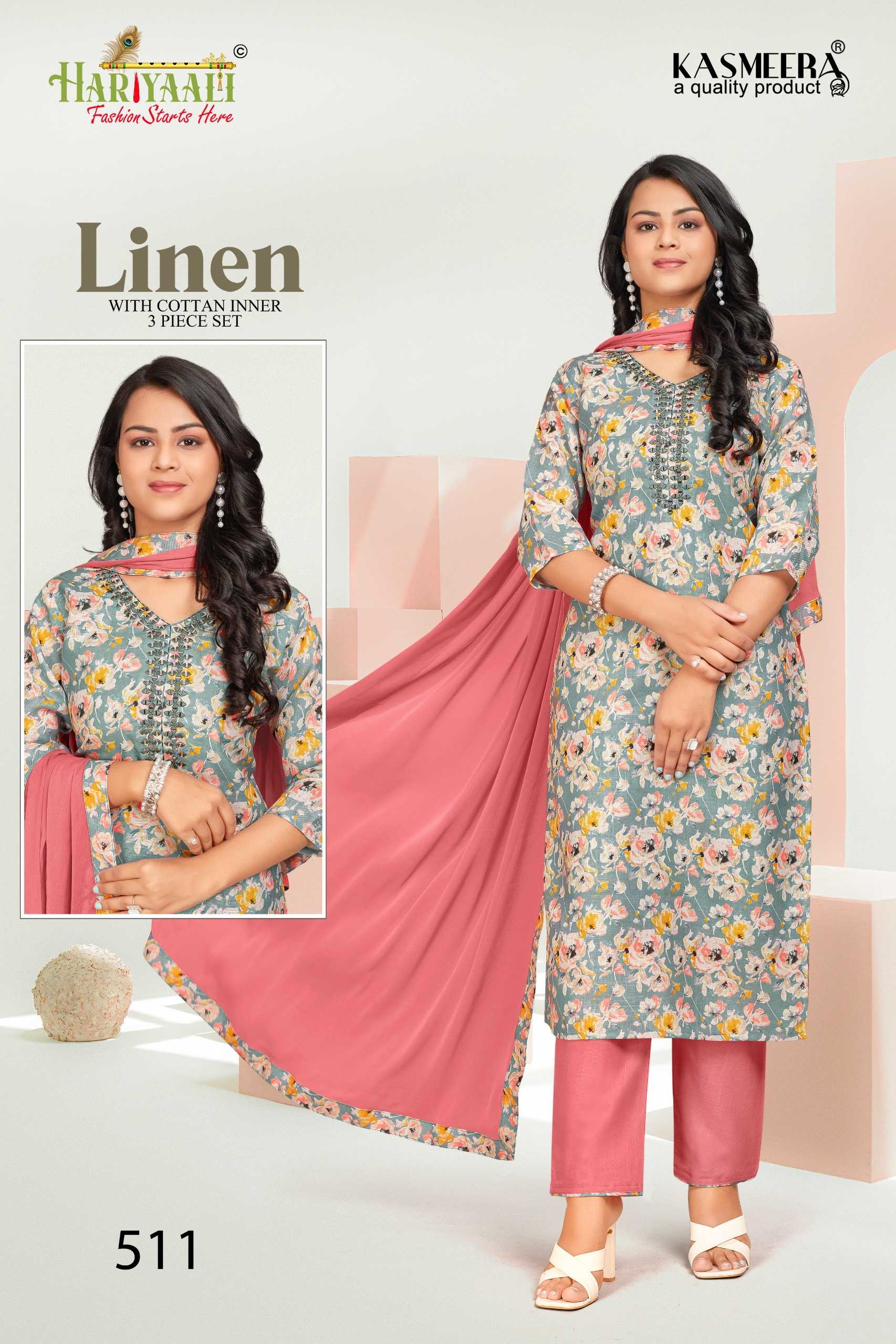 hariyaali presents linen vol 5 festival wear mirror work full stitch combo set salwar suit