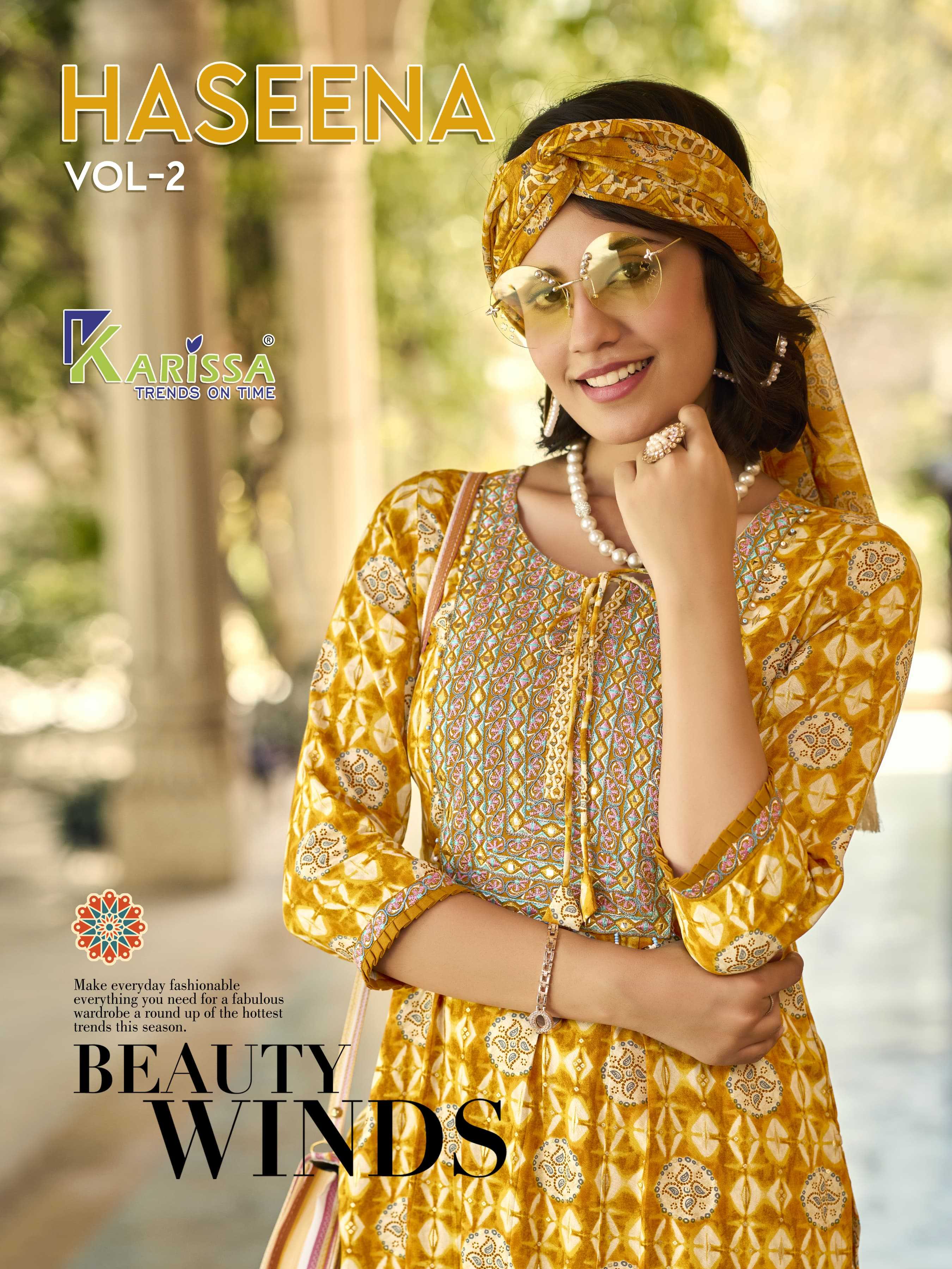haseena vol 2 by karissa full stitch rayon fashionable design kurti pant dupatta 