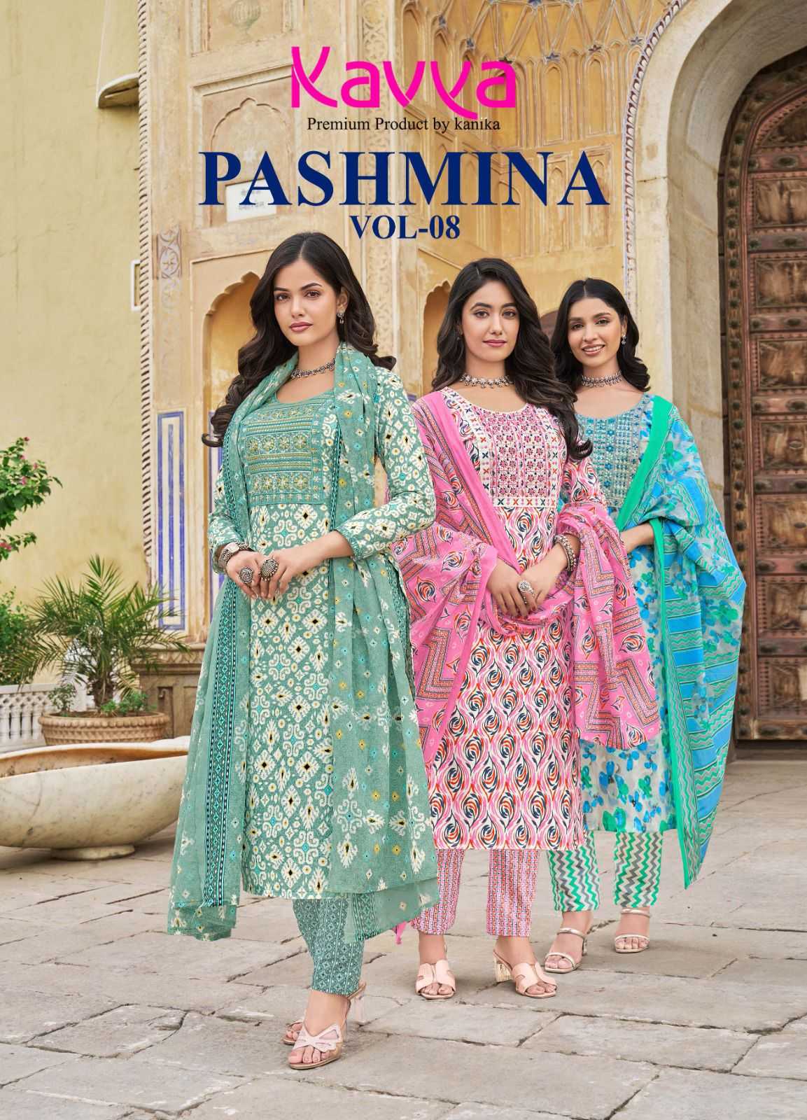 kavya pashmina vol 8 cotton lining fancy casual wear readymade kurti pant with dupatta 