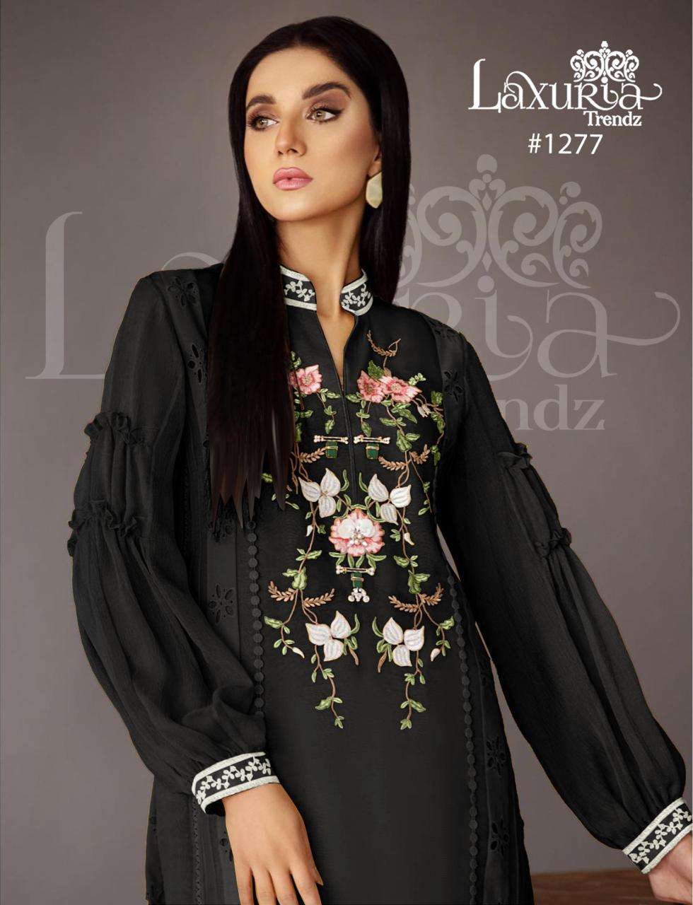 laxuria 1277 fancy 3pcs set goregous pleets sleeves designer work pakistani kurti with pant and dupatta