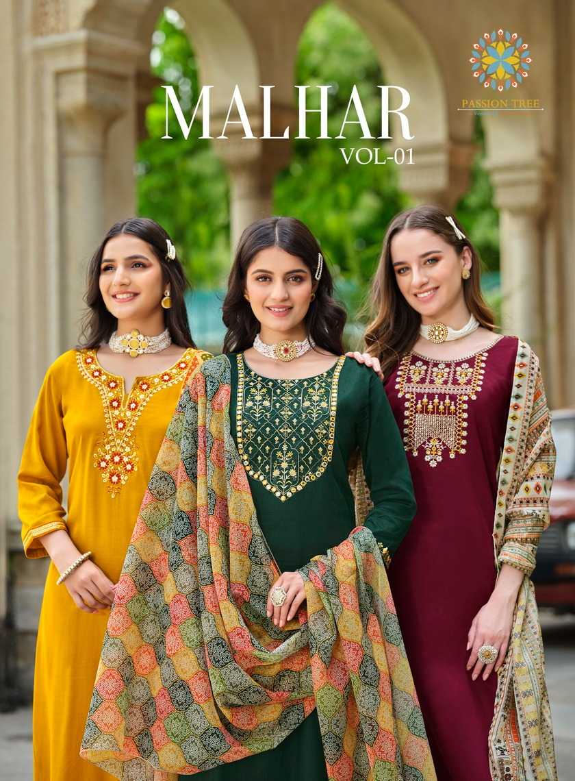 malhar vol 1 by passion tree full stitch stylish roman silk straight kurti with pant & dupatta 