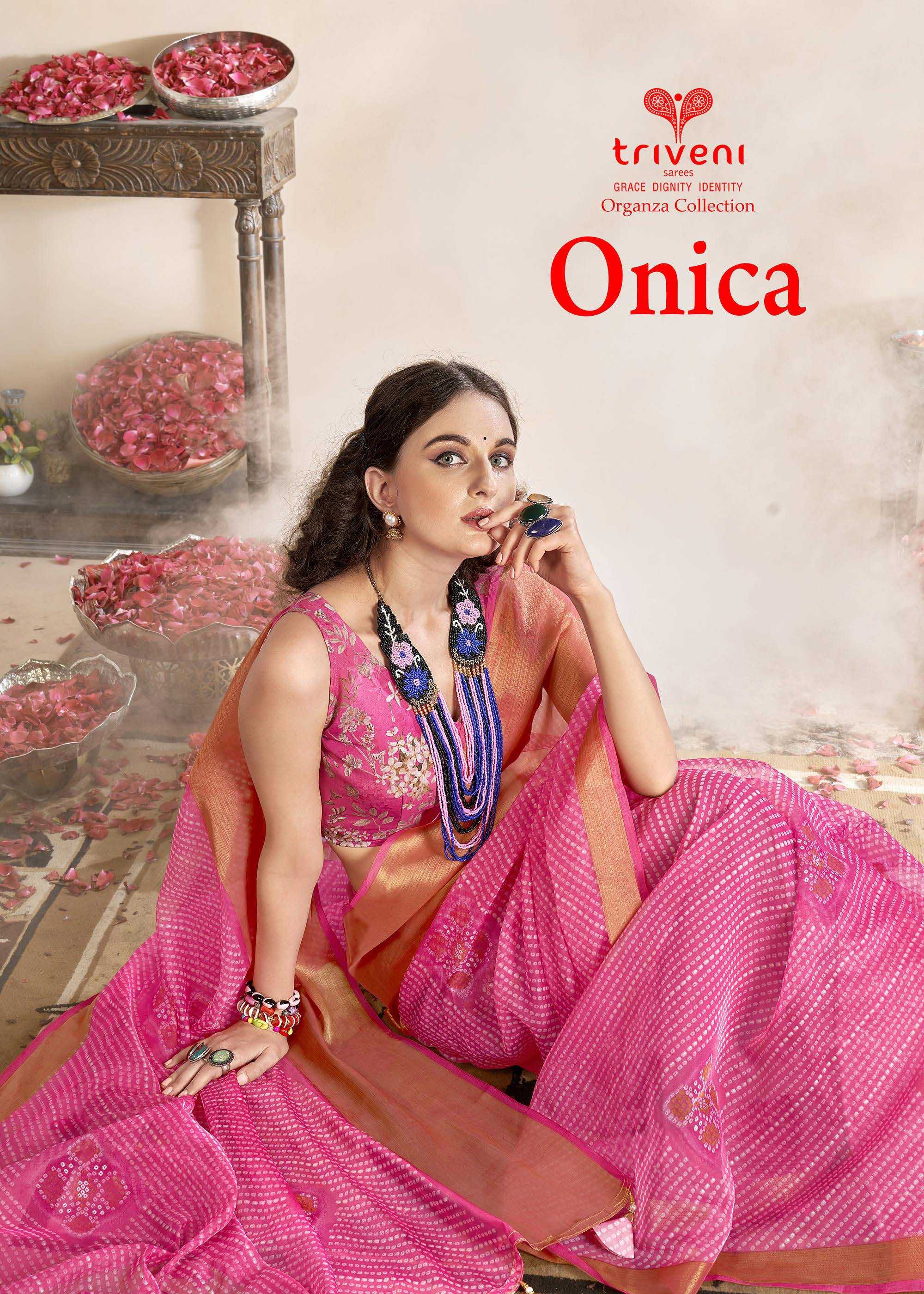 onica by triveni 17451-17458 series new launch fancy organza saree supplier 