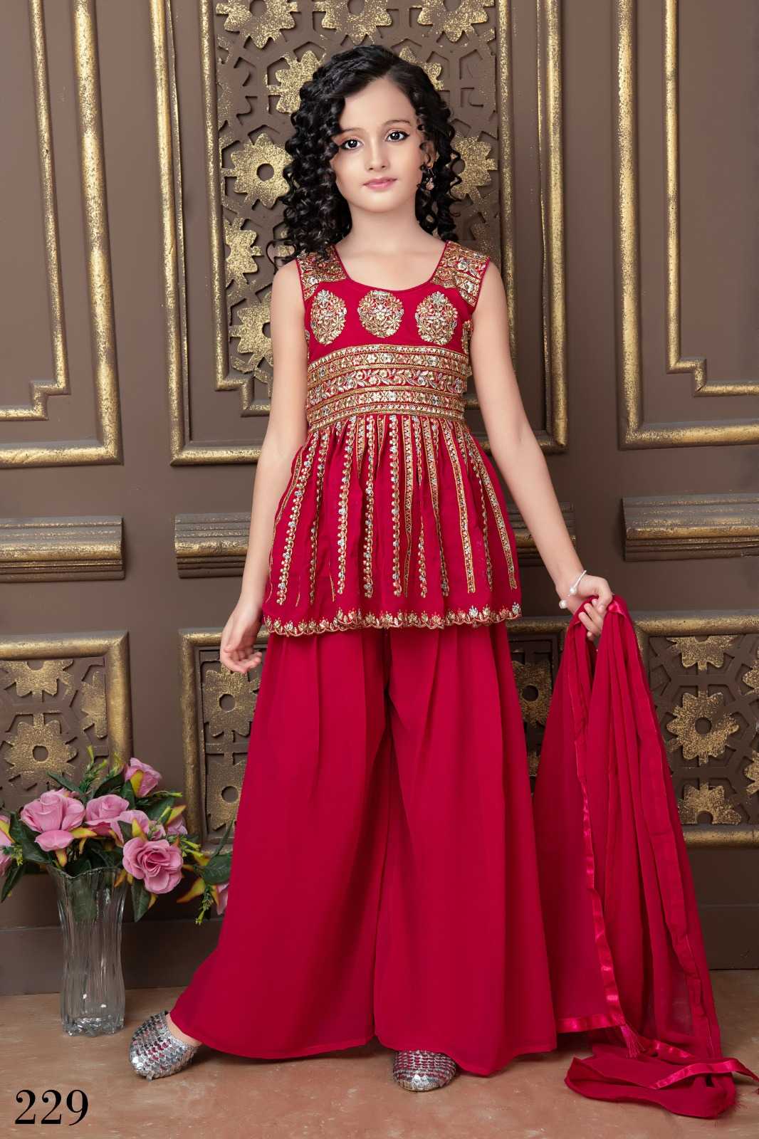pr aaradhna vol 30 fully stitch stylish georgette occasion wear kids kurta palazzo with dupatta
