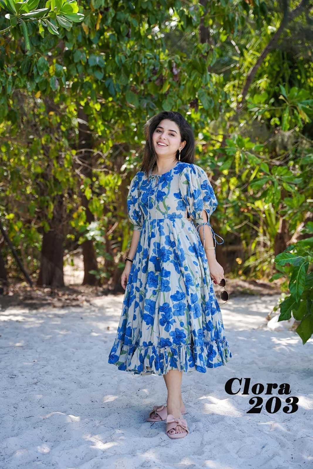 pr clora vol 2 fancy rayon readymade beautiful printed big size flair gown collection 