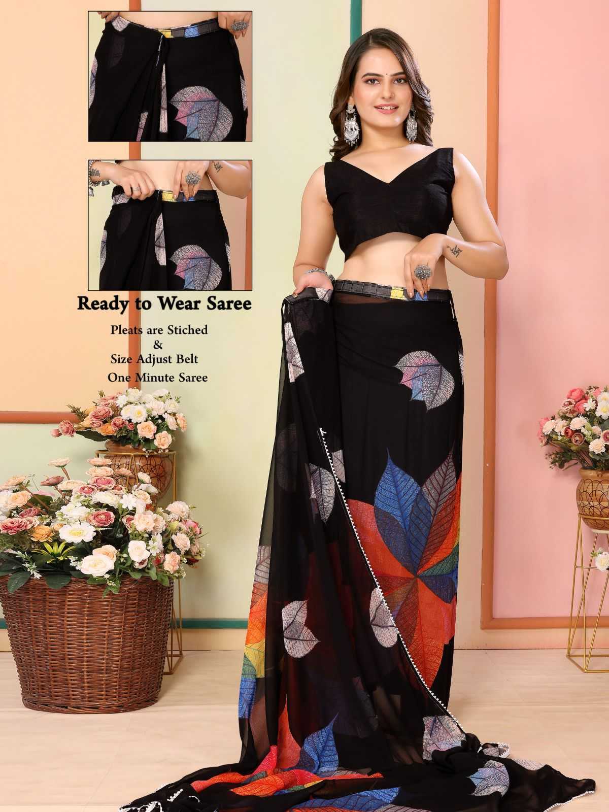 pr rakul vol 3 launching georgette elegant look stitch pleats size adjust belt one minute saree 