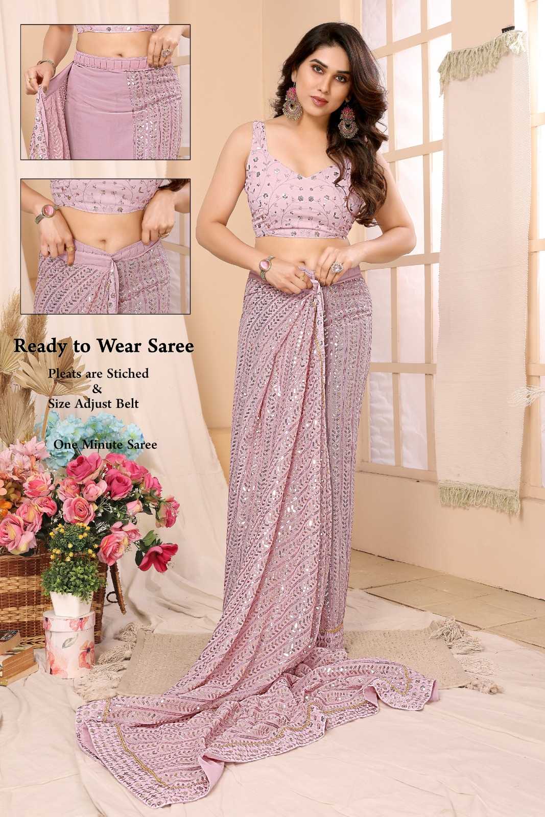 pr reshma new launch georgette party wear stitch pleats size adjust belt one minute saree