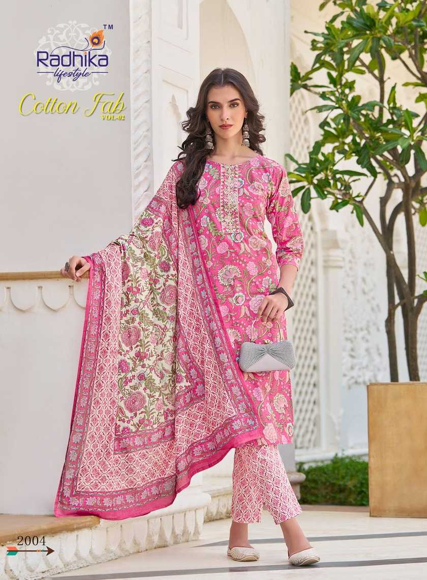 radhika lifestyle launch cotton fab vol 2 full stitch cotton print embroidery work big size salwar suit 