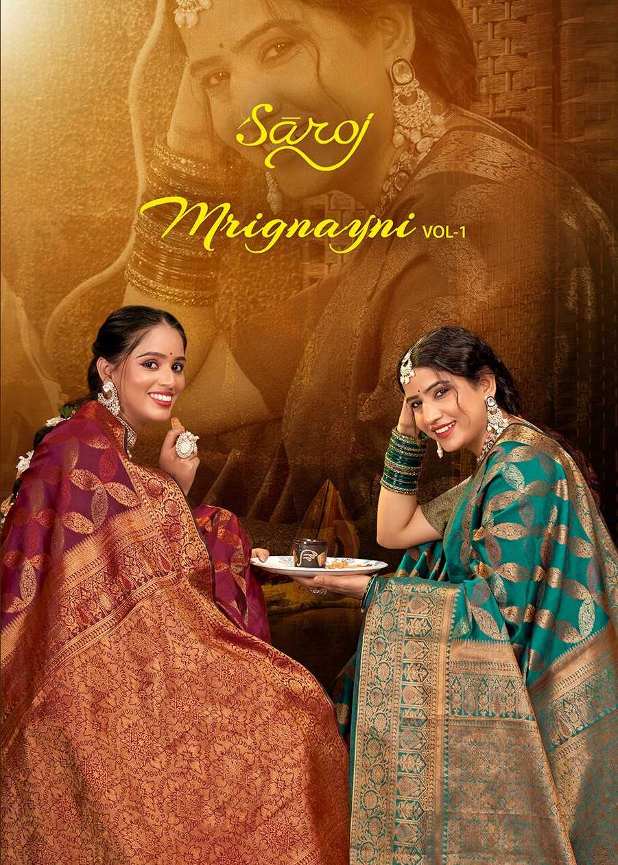 saroj presents mrignayni 1001-1006 festive wear soft silk geometrical designs saree