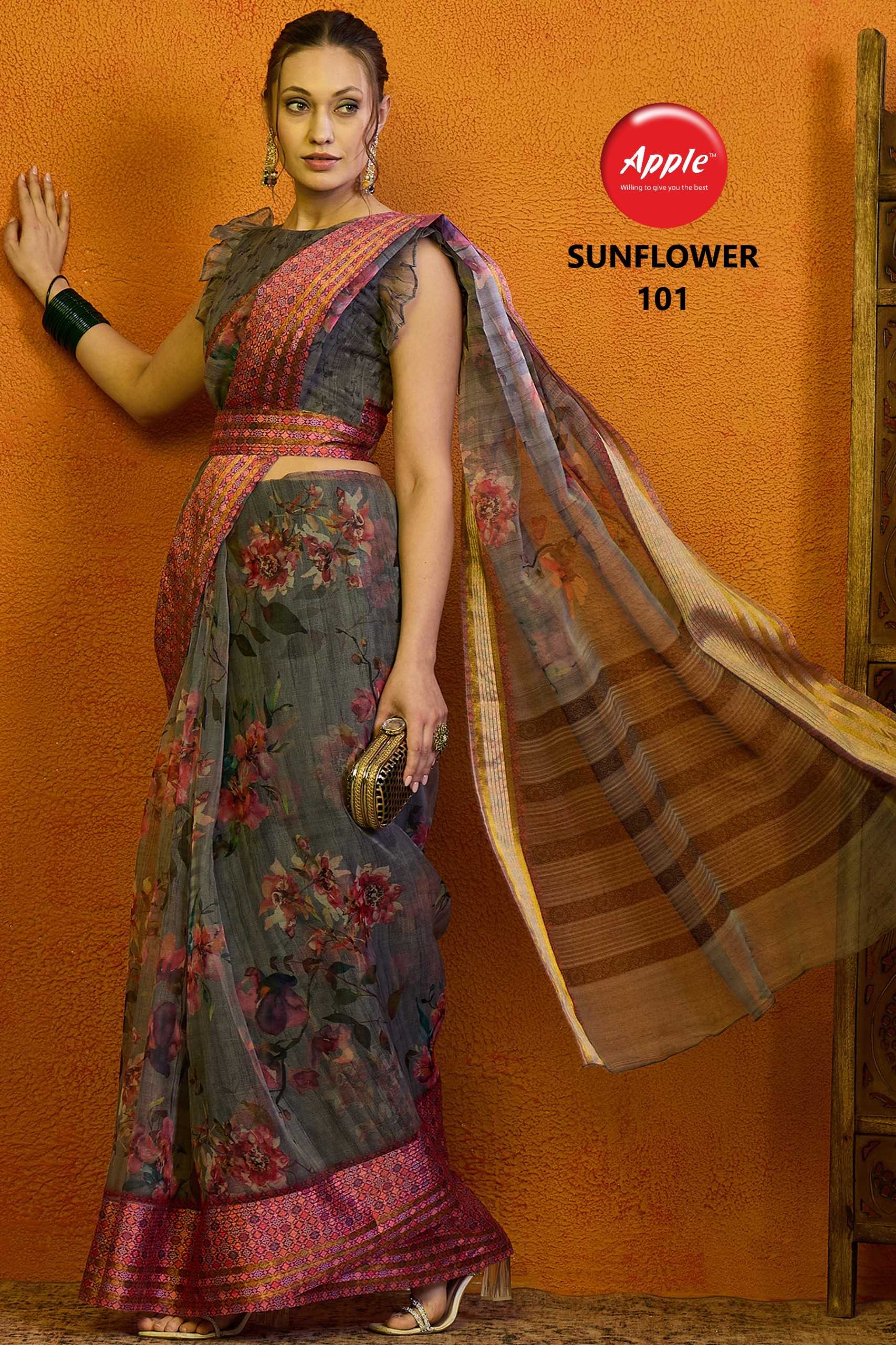 sunflower vol 1 by apple 101-104 organza gold line fancy saree wholesaler