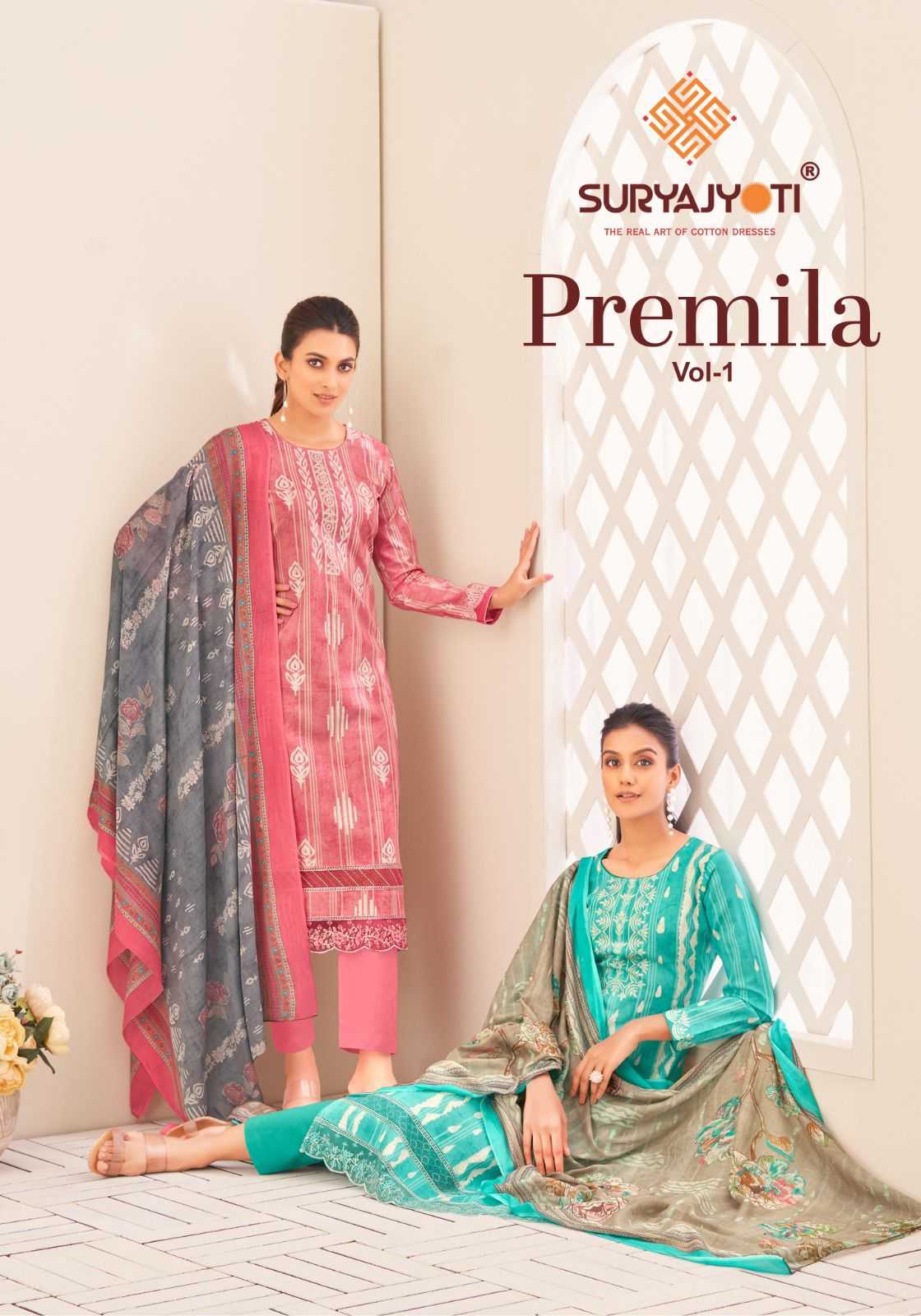 suryajyoti premila vol 1 stylish outfit cotton print fancy border work salwar suit exports 