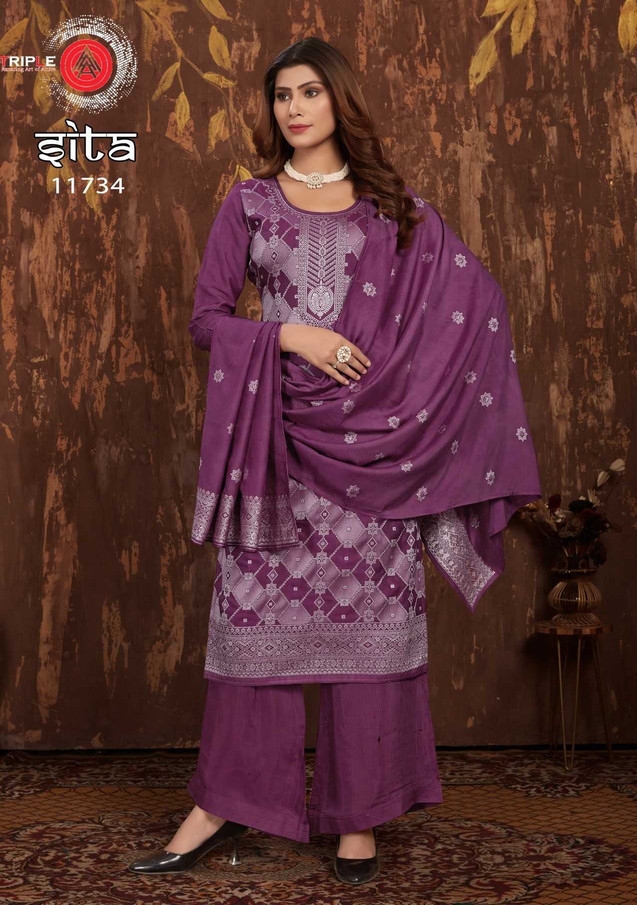 triple a sita muslin fashionable look lakhnavi jacquard top pant with dupatta 
