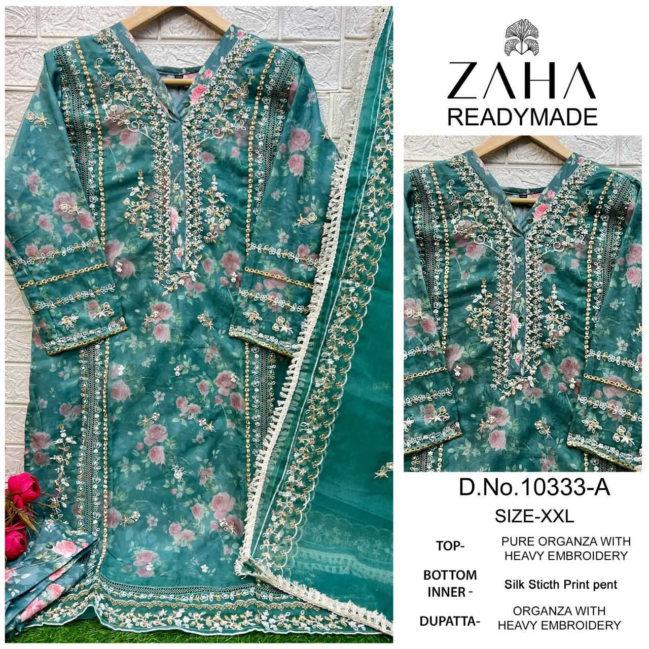 zaha 10333 launch organza modal pakistani embroidered work full stitch kurti pant dupatta  