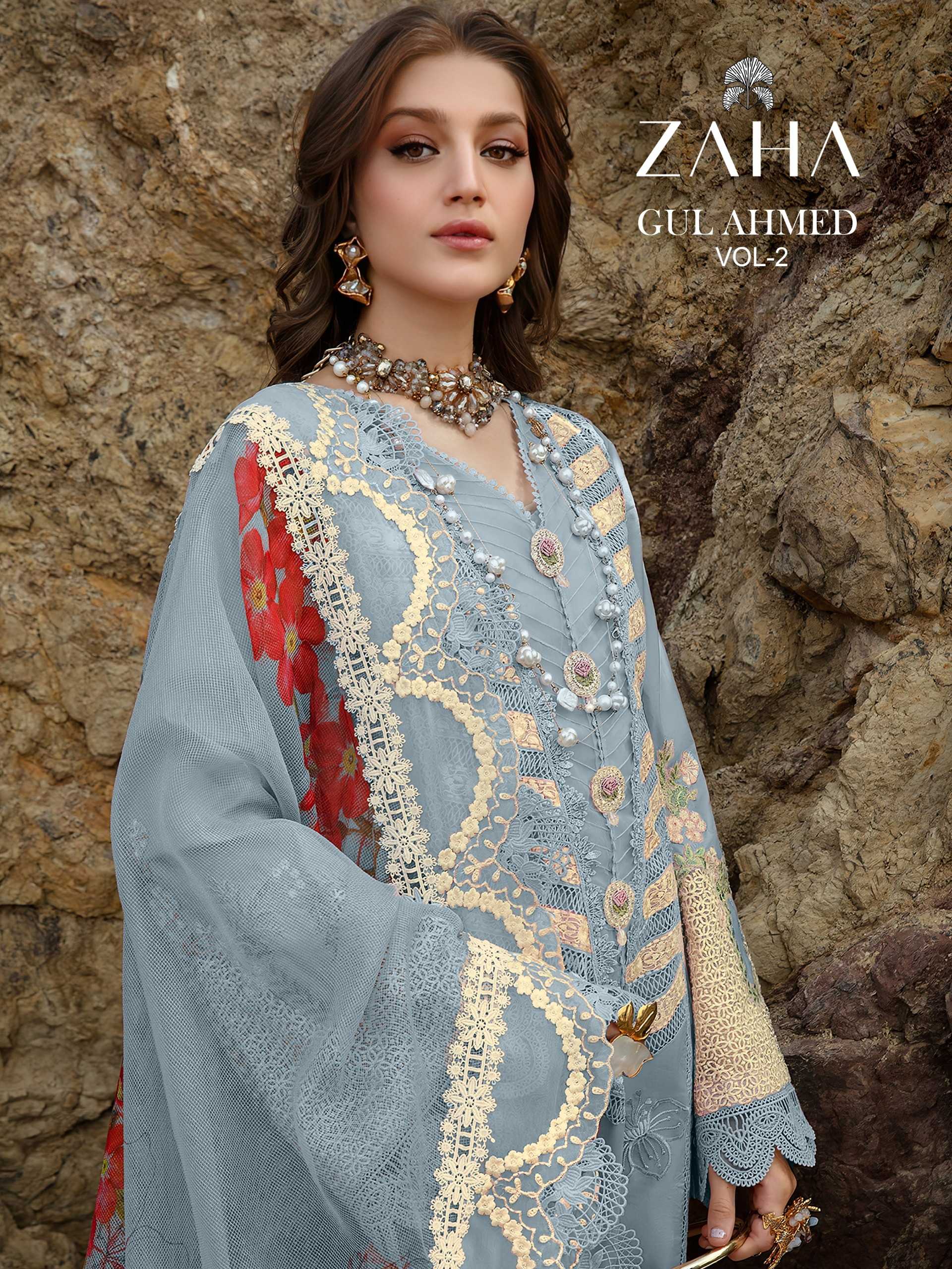 zaha gul ahmed vol 2 launch cotton with heavy embroidery pakistani dress material 