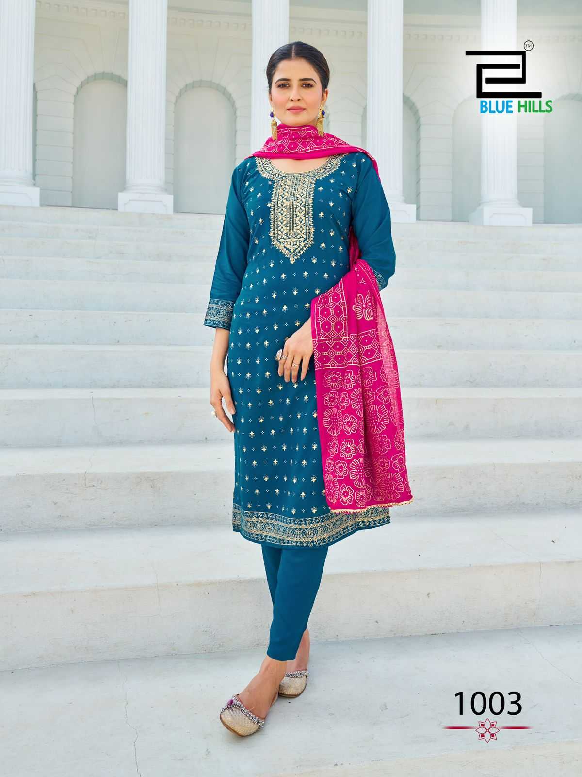 blue hills launch swift rayon foill print readymade elegant style salwar suit