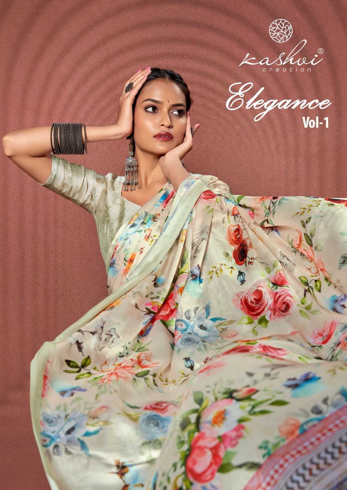 elegance vol 1 by kashvi creation latest design satin chiffon saree traders 