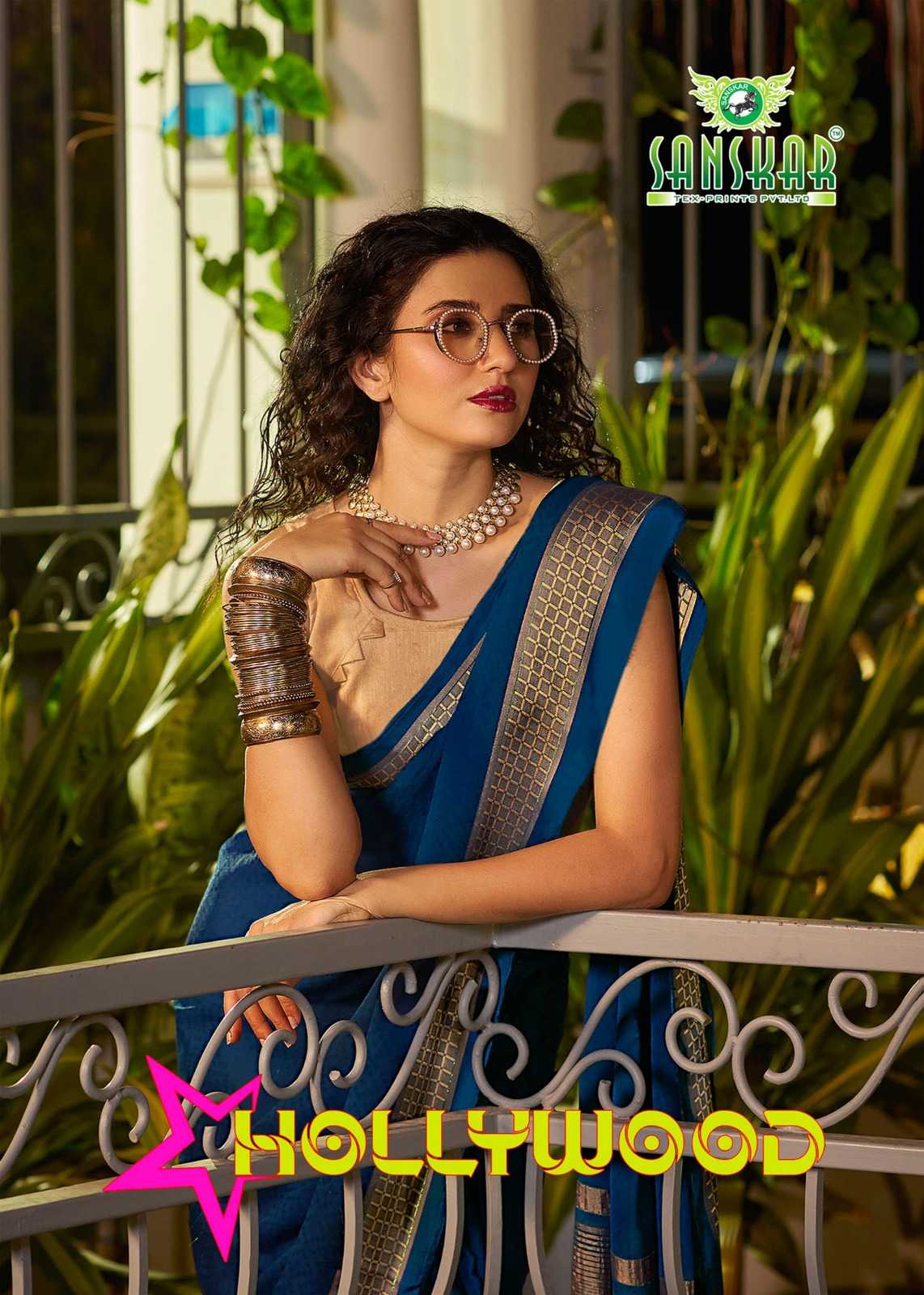 hollywood by sanskar tex prints weaving pattern saree with blouse 