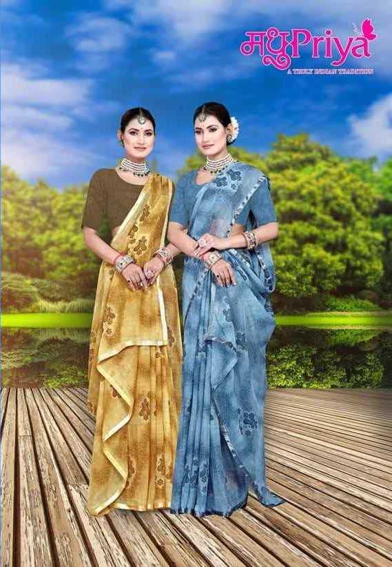 madhupriya launch kulfi 1089 unique printed chiffon comfy saree with blouse