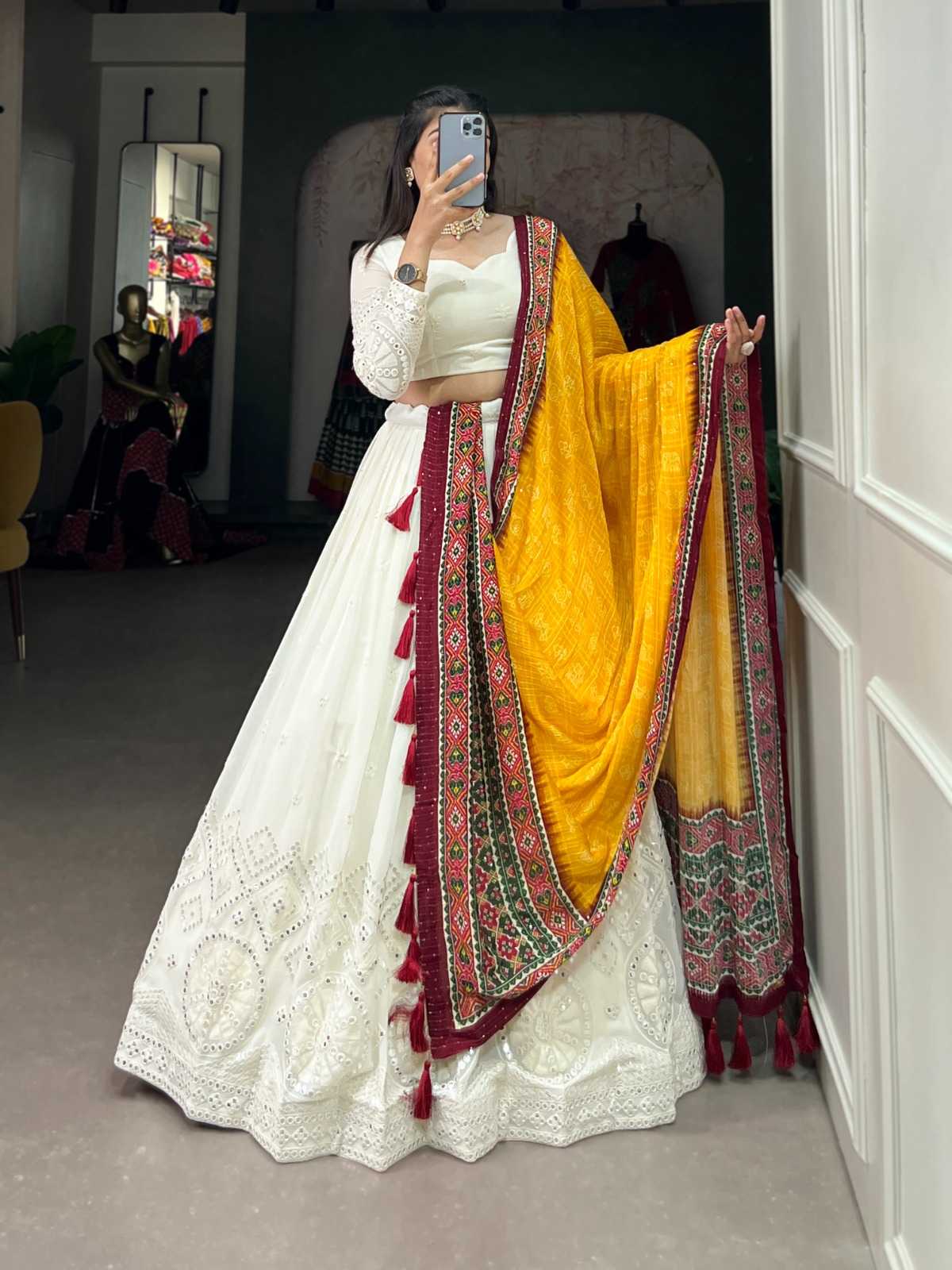 pr lnb1500wht functional style single design stitch lehenga unstitch blouse dupatta 