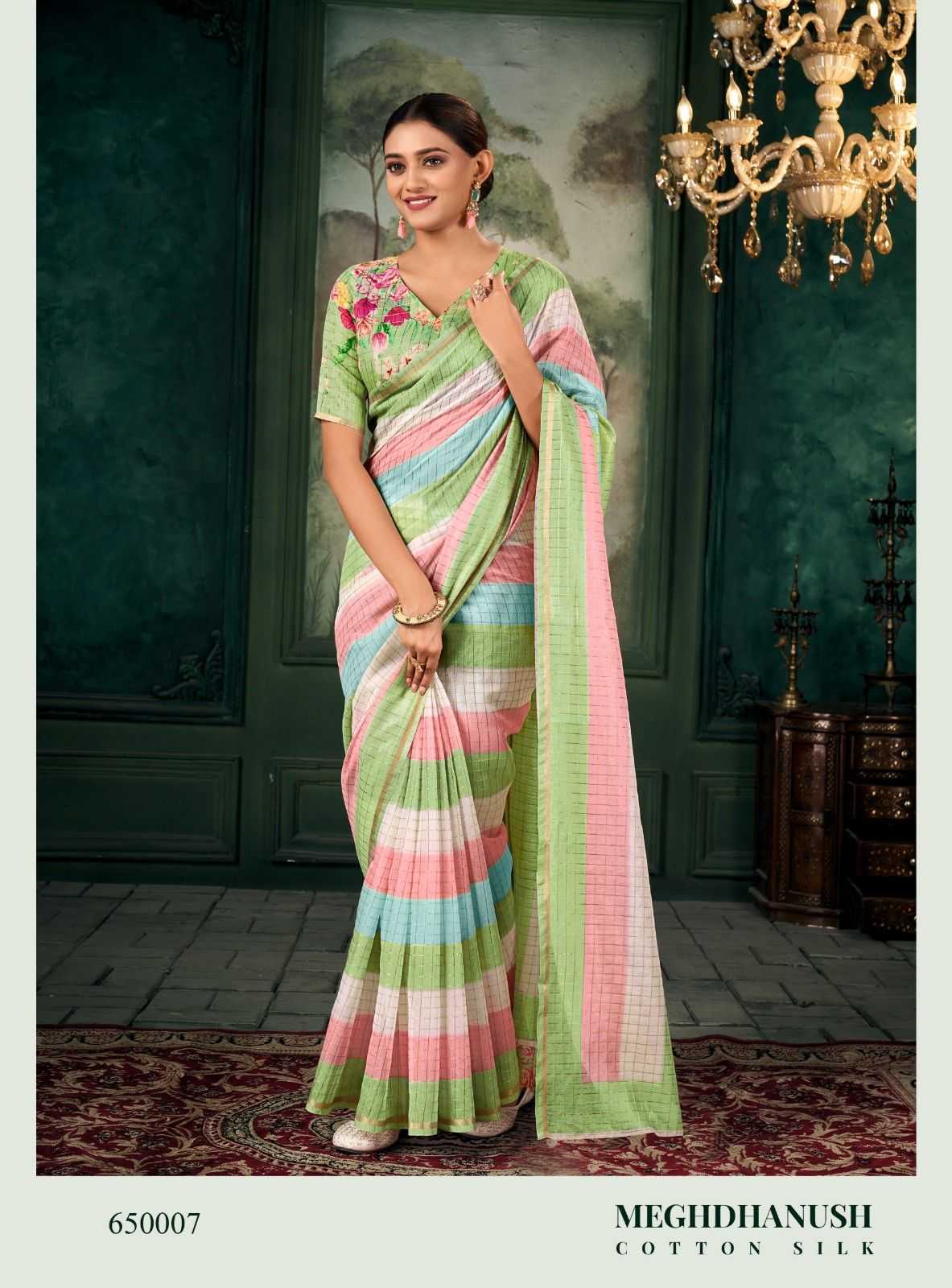 pr meghdhanush cotton silk elegant printed design saree collection