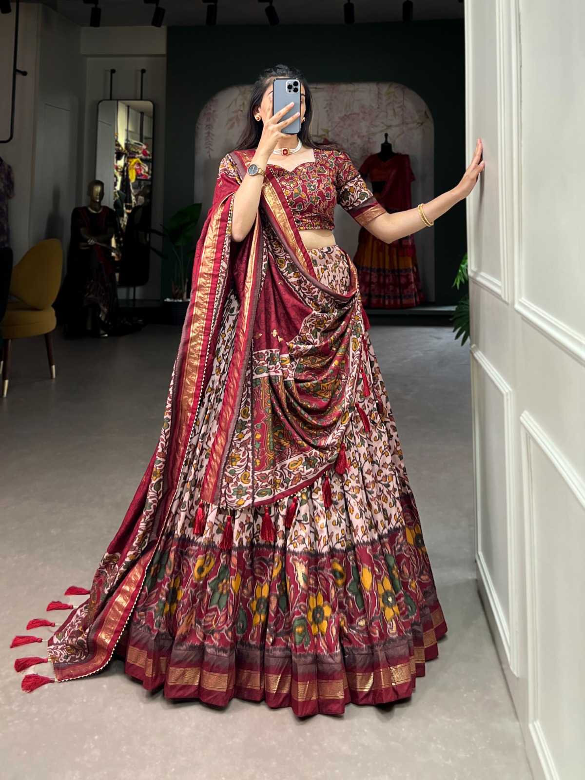 pr trishika tussar silk floral print with foil print stitch lehenga with unstitch blouse 