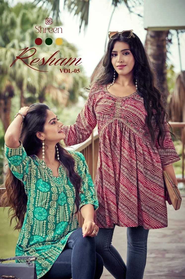 shreen resham vol 5 classic outfit western rayon prints fully stitch short top 