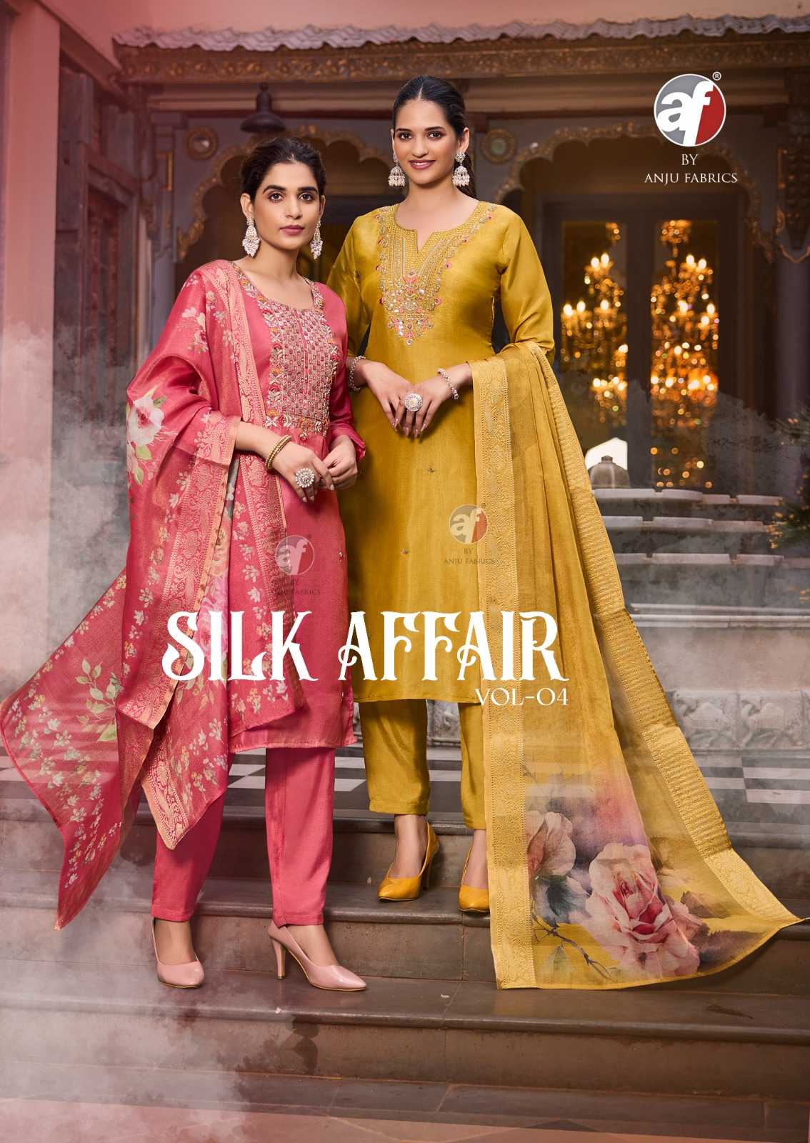 silk affair vol 4 by anju tissue shimmer hand work fully stitch big size 3pcs dress