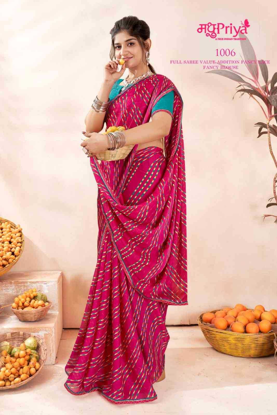 tanvi by madhupriya stylish look chiffon lehriya print saree with blouse 